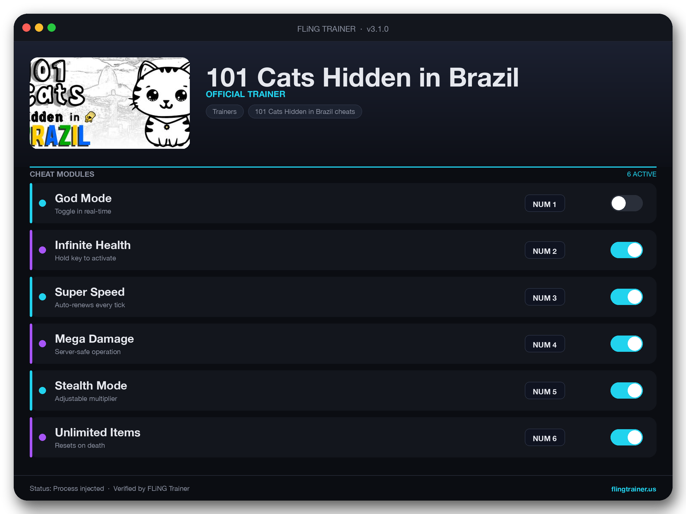 101 Cats Hidden in Brazil Trainer interface