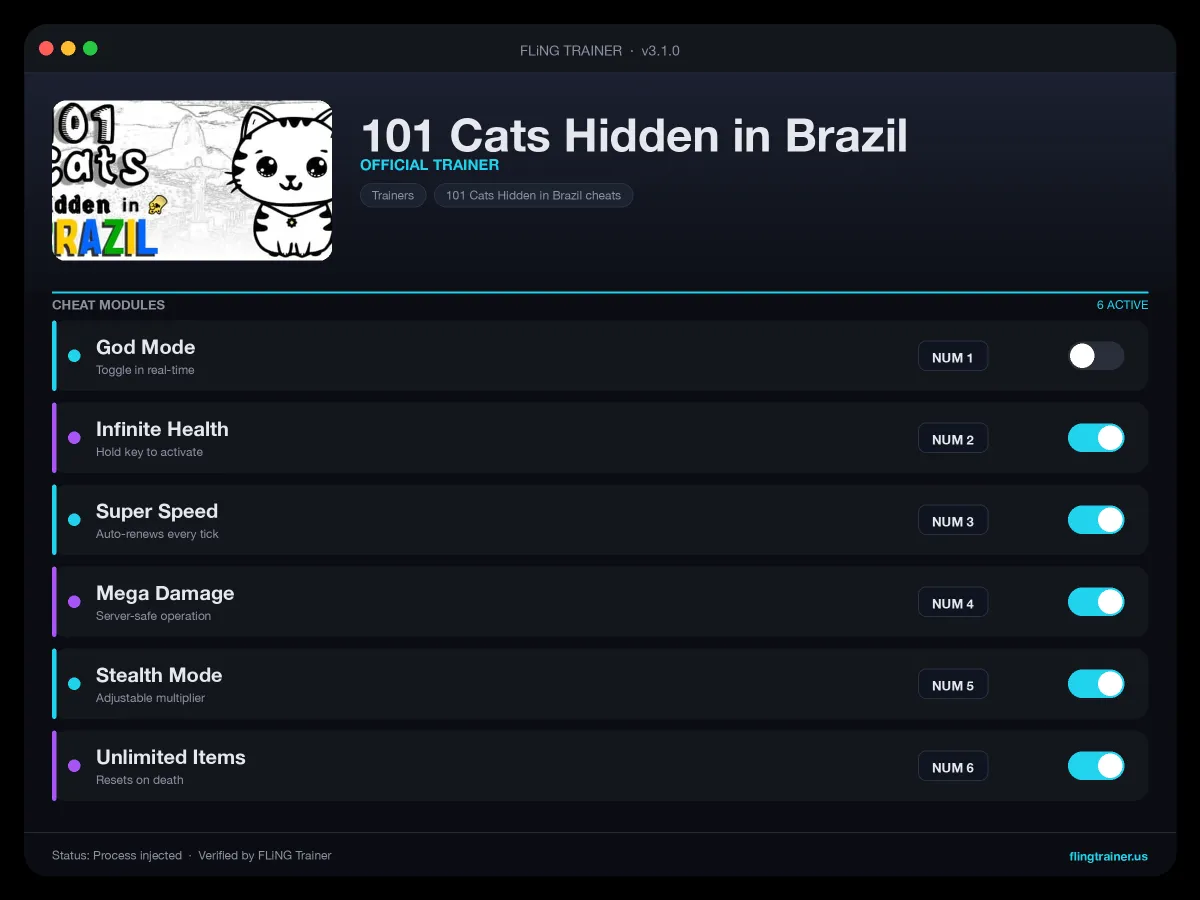 101 Cats Hidden in Brazil Trainer interface