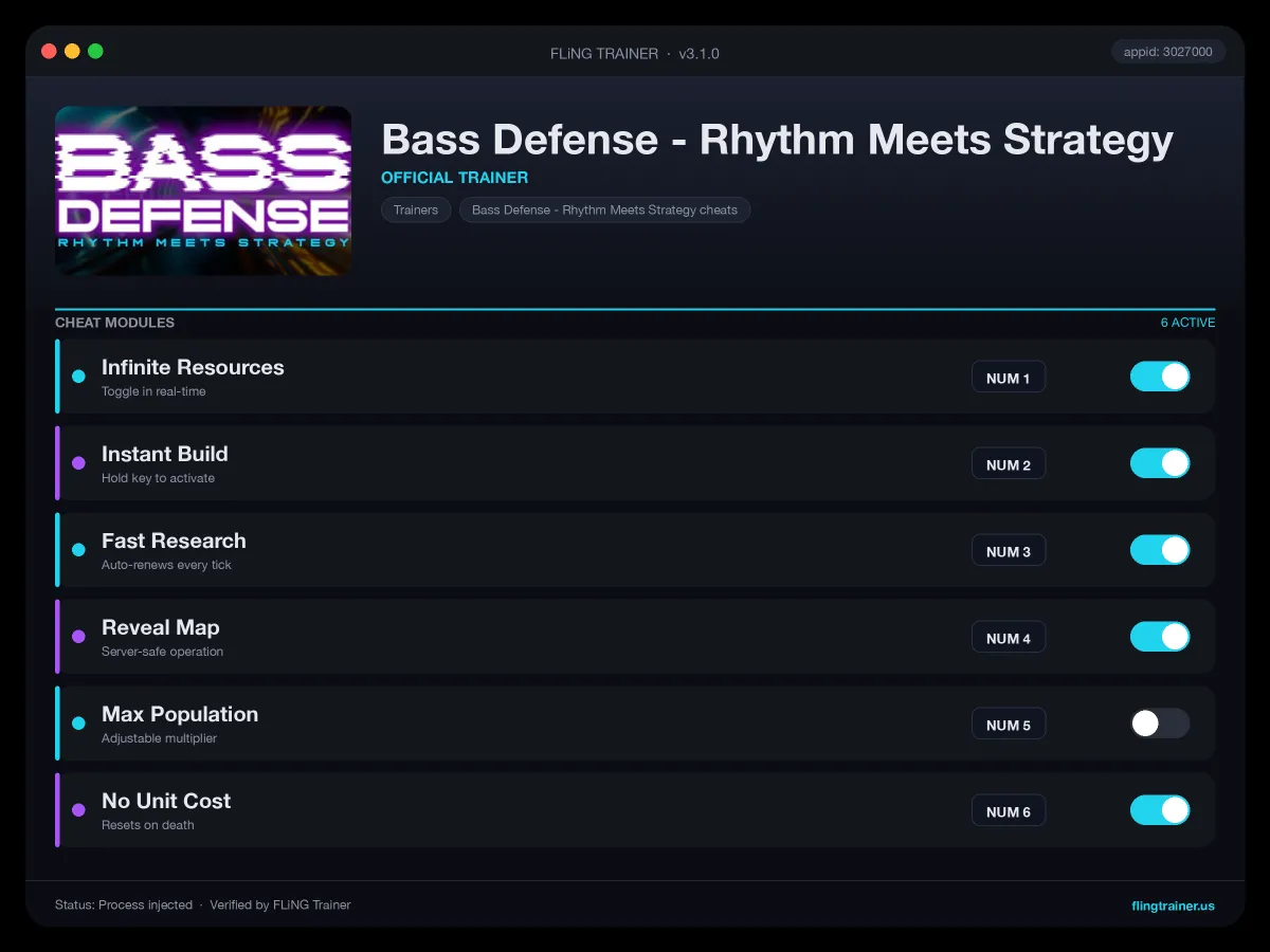 Bass Defense - Rhythm Meets Strategy Trainer interface