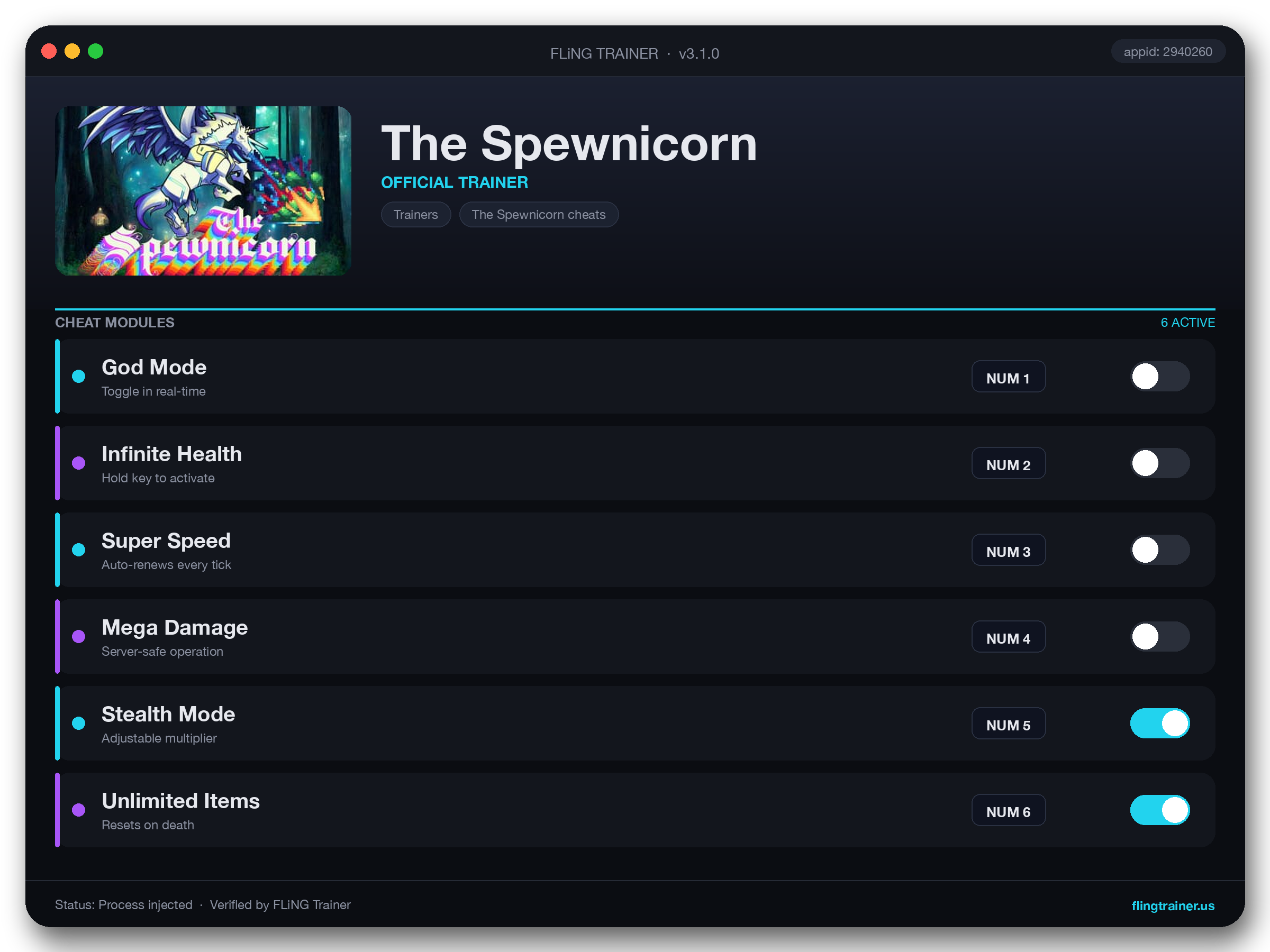 The Spewnicorn Trainer interface