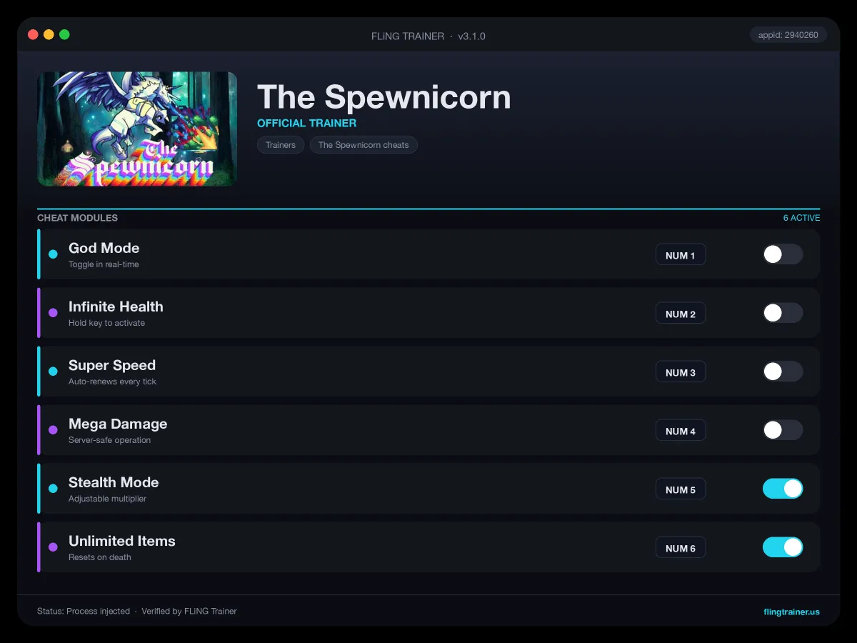 The Spewnicorn Trainer interface
