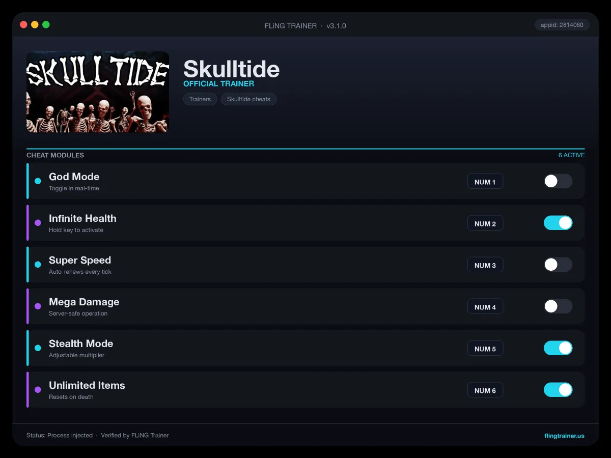 Skulltide Trainer interface