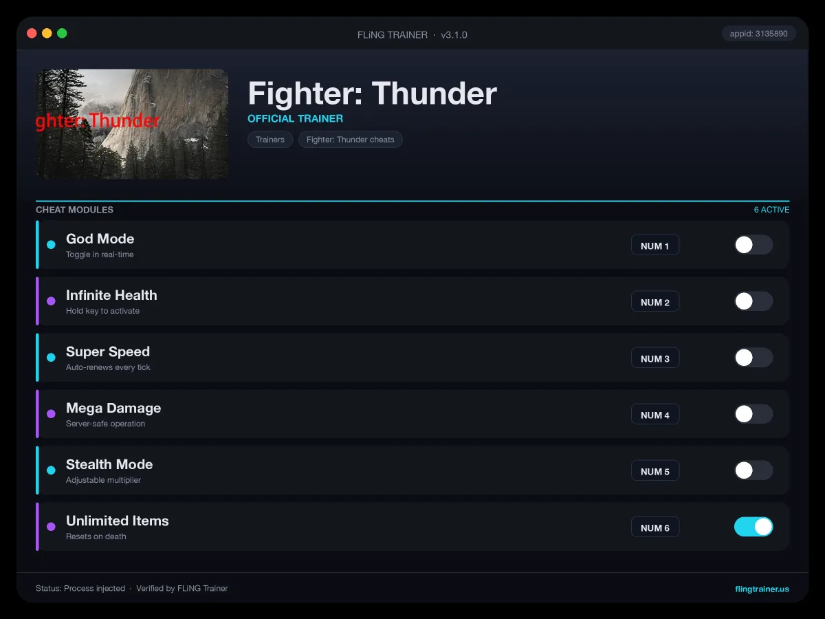 Fighter: Thunder Trainer interface