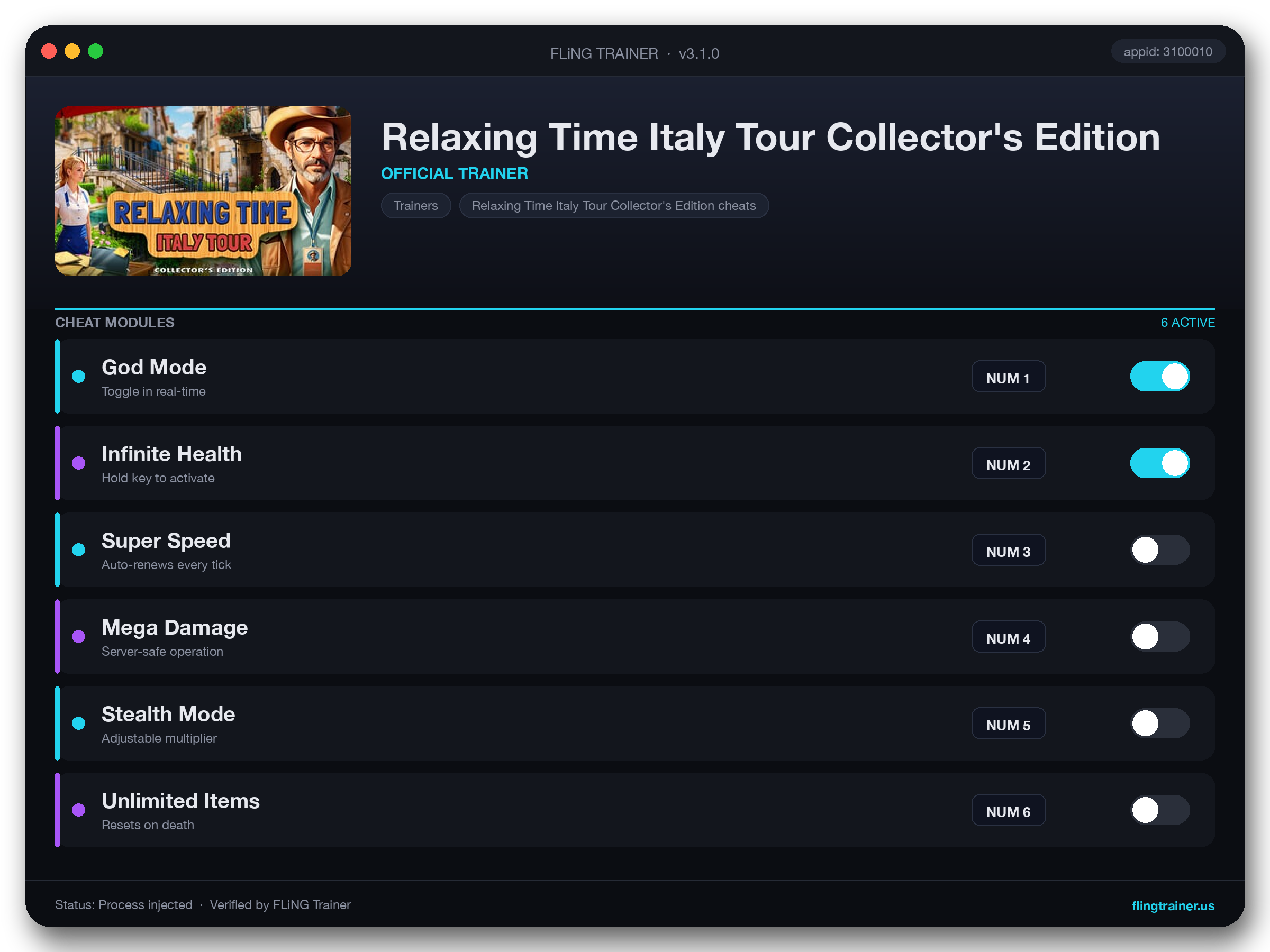 Relaxing Time Italy Tour Collector's Edition Trainer interface