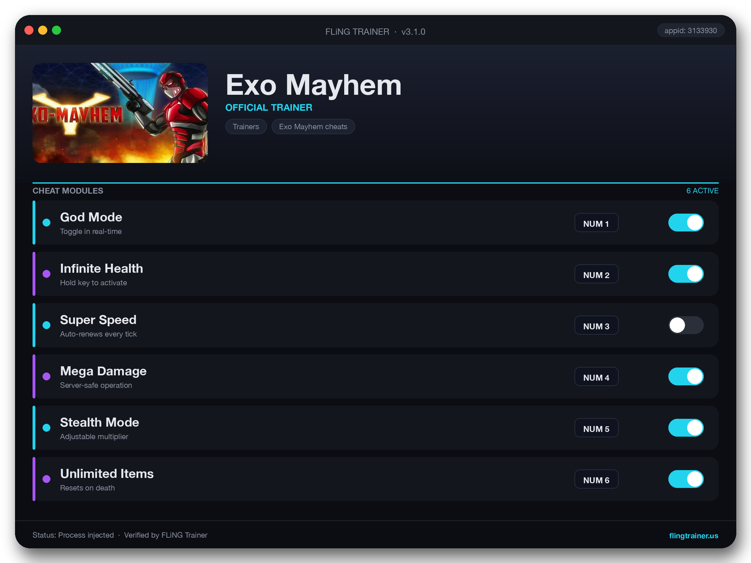 Exo Mayhem Trainer interface