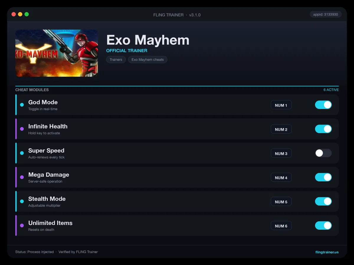 Exo Mayhem Trainer interface