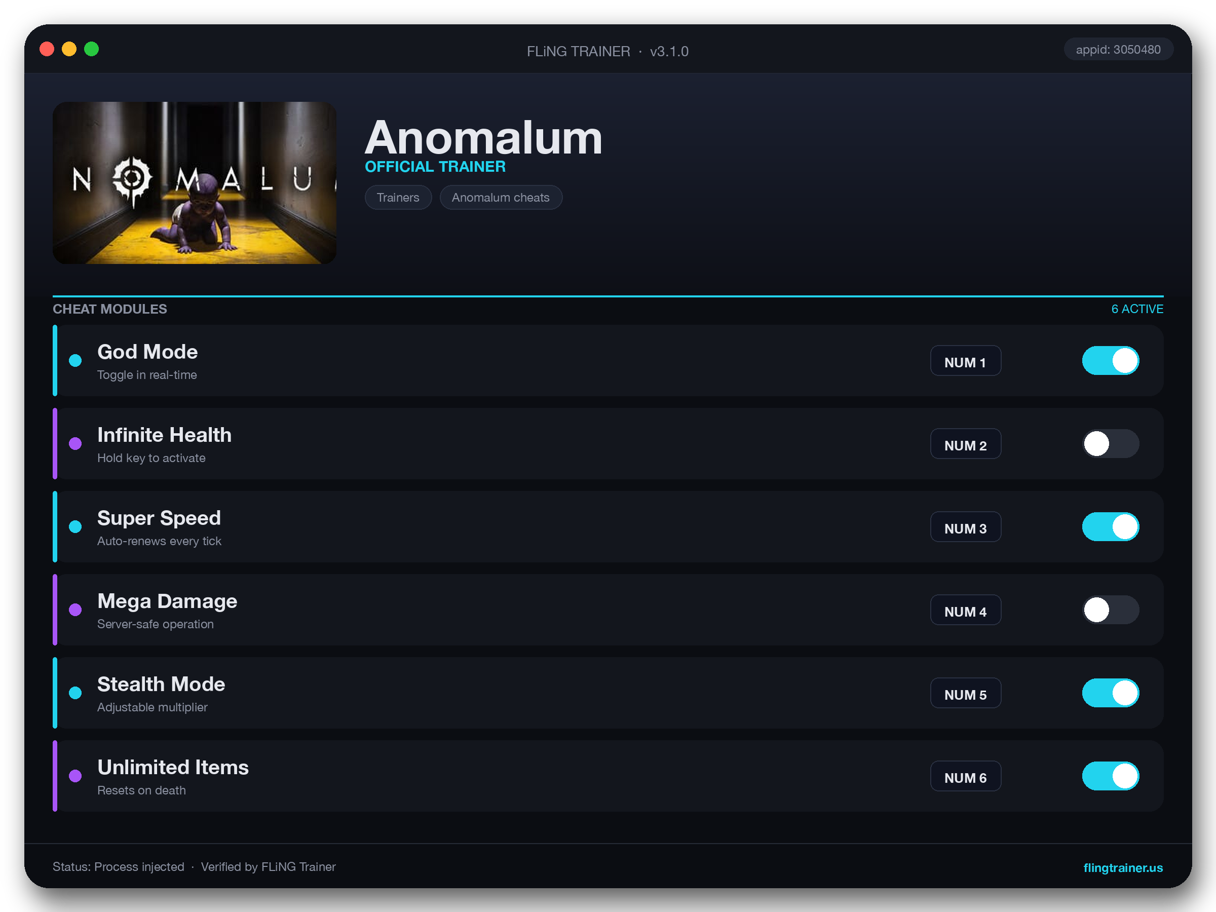 Anomalum Trainer interface