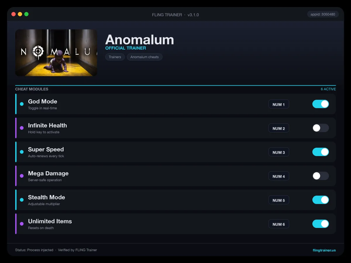 Anomalum Trainer interface