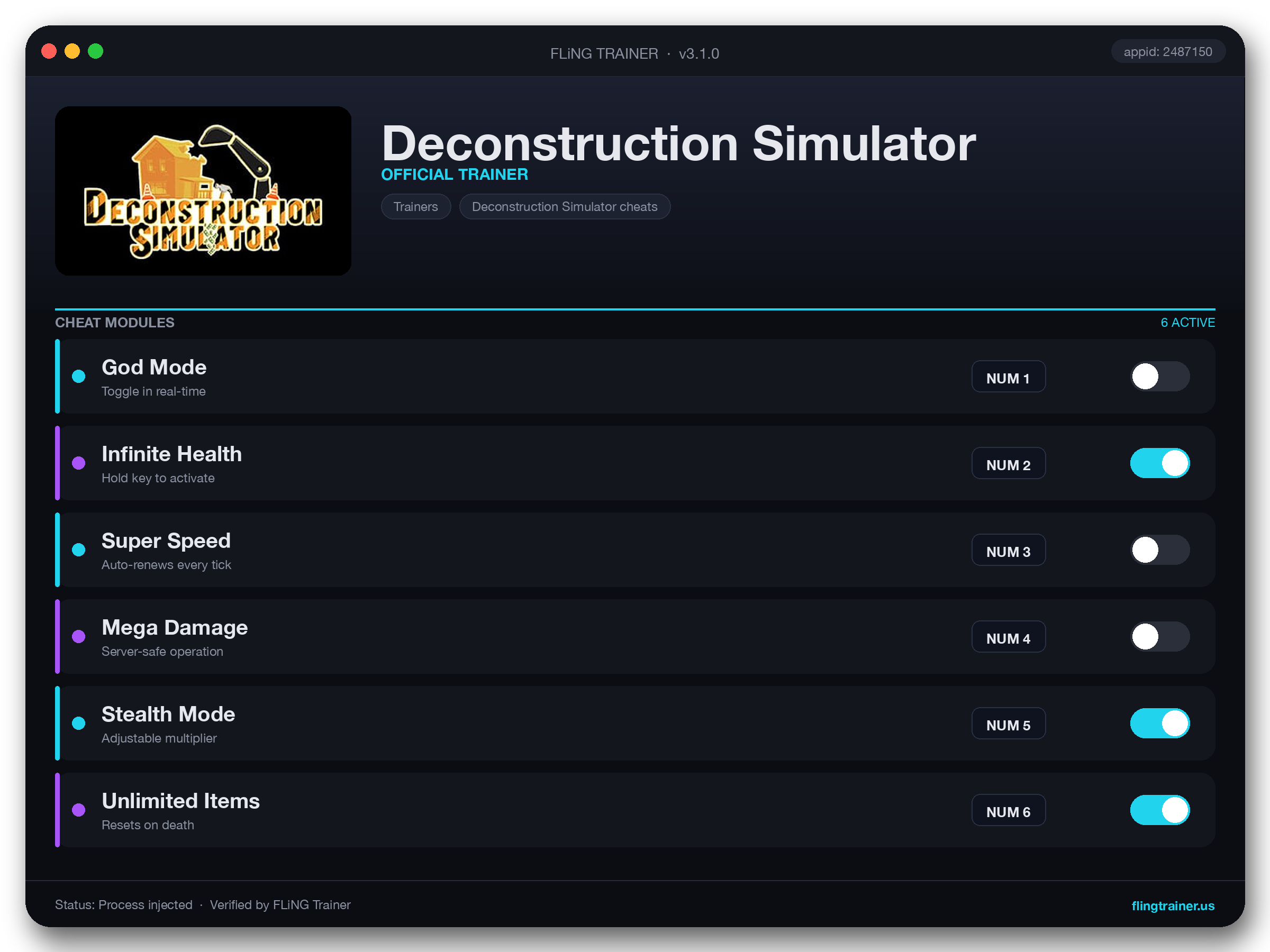 Deconstruction Simulator Trainer interface