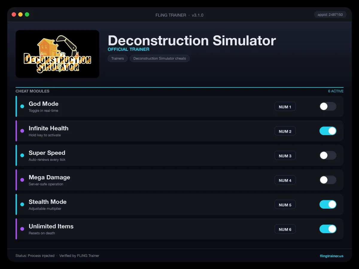 Deconstruction Simulator Trainer interface