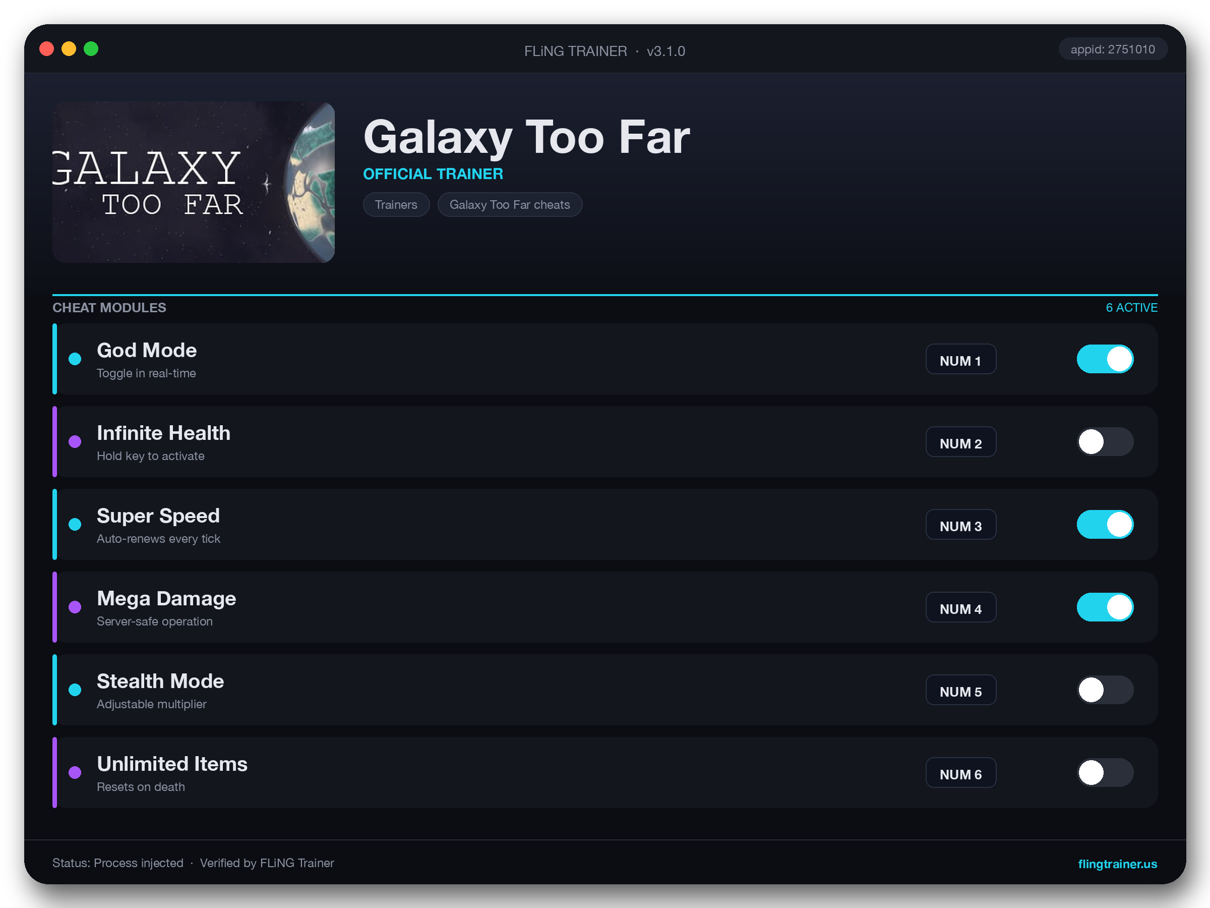 Galaxy Too Far Trainer interface