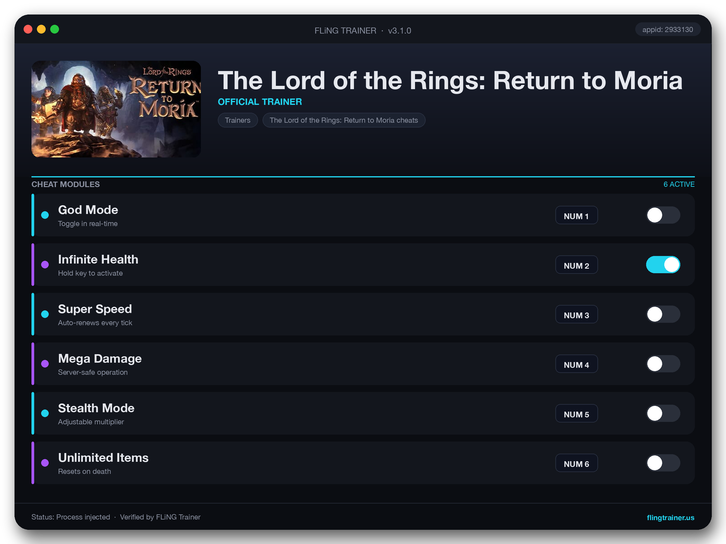 The Lord of the Rings: Return to Moria Trainer interface