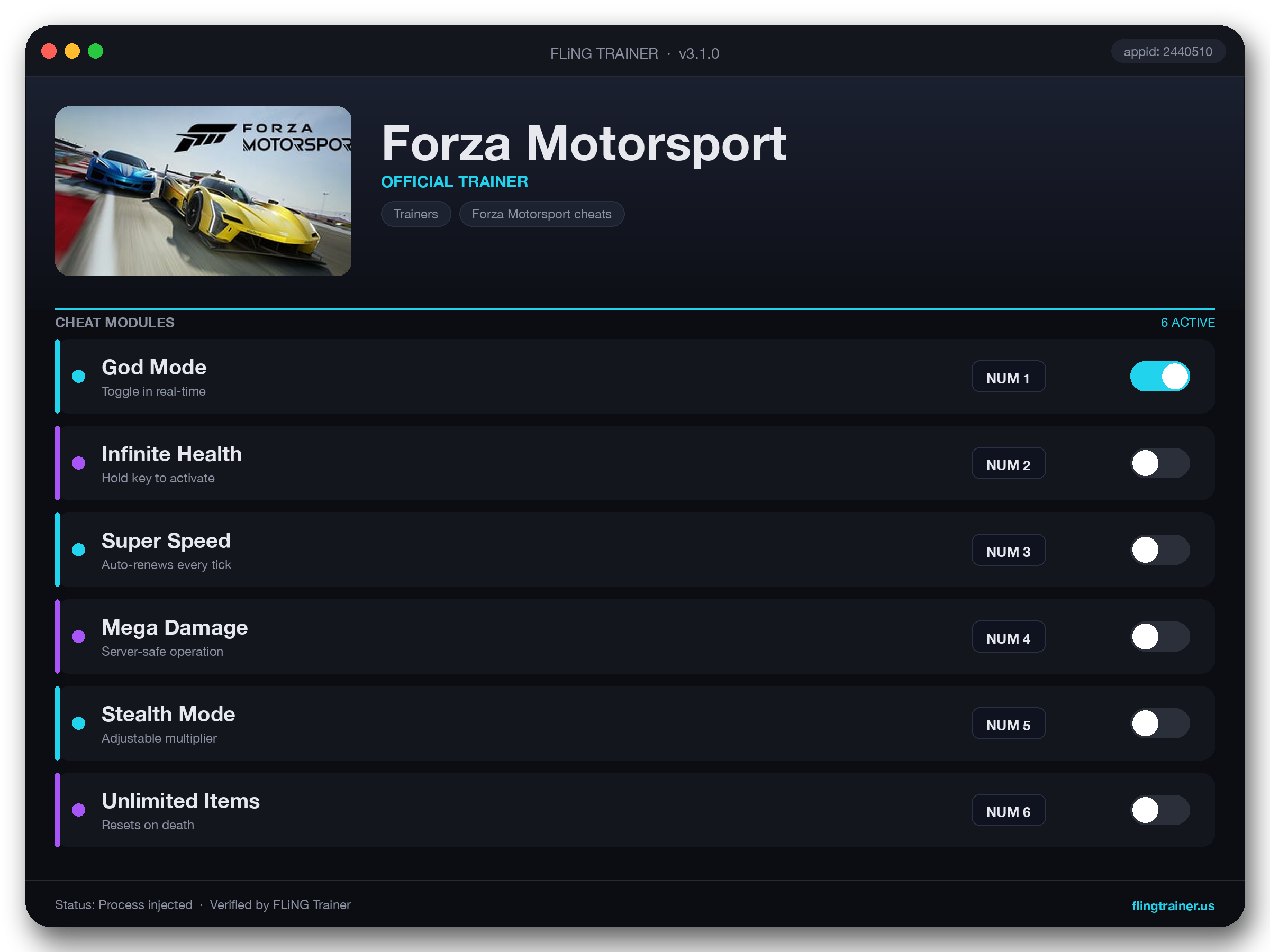 Forza Motorsport Trainer interface