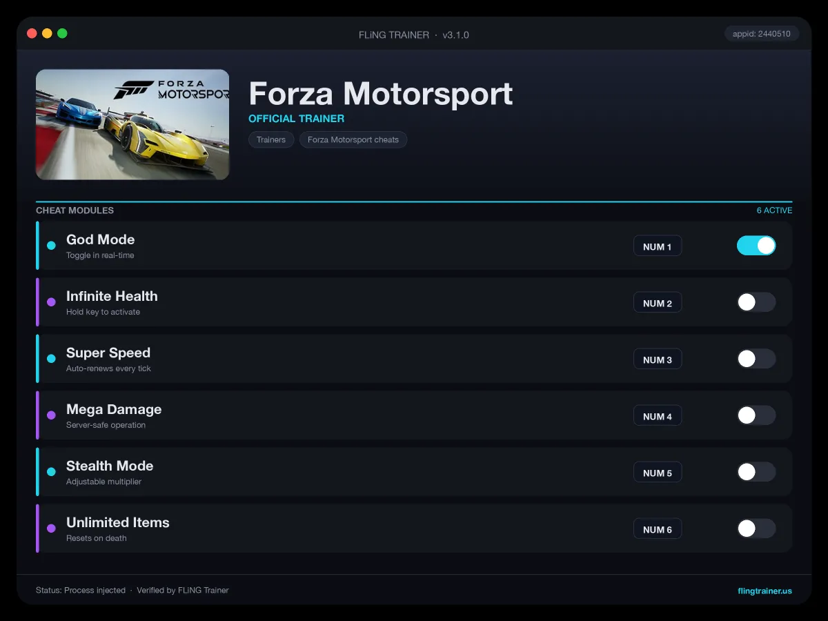 Forza Motorsport Trainer interface