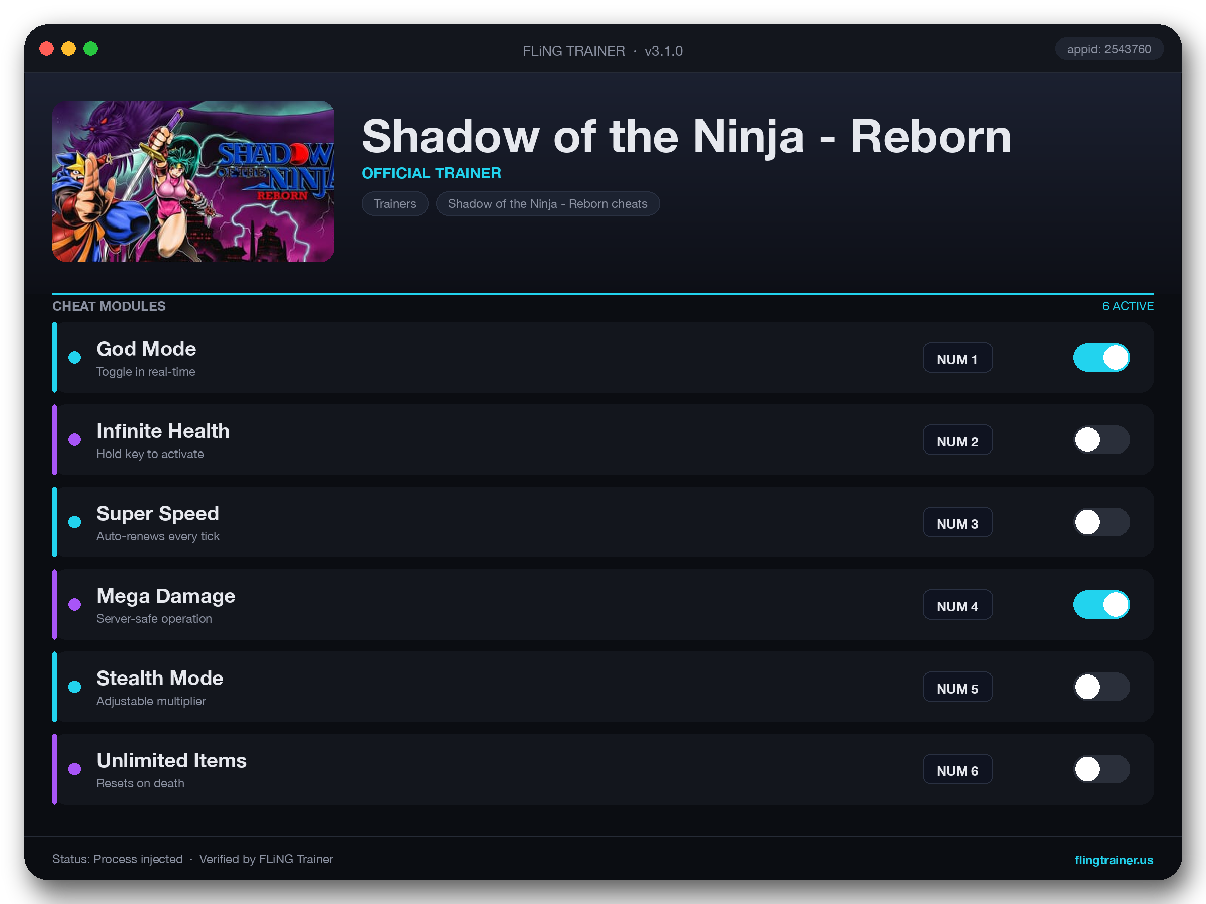 Shadow of the Ninja - Reborn Trainer interface