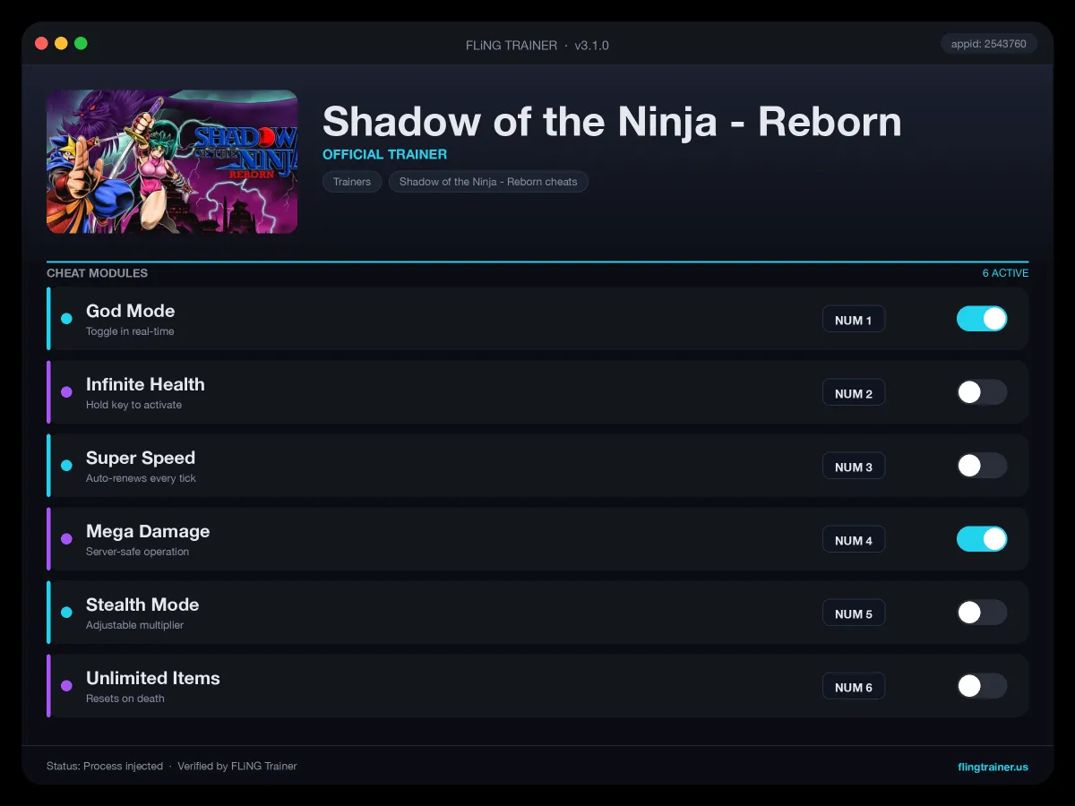 Shadow of the Ninja - Reborn Trainer interface