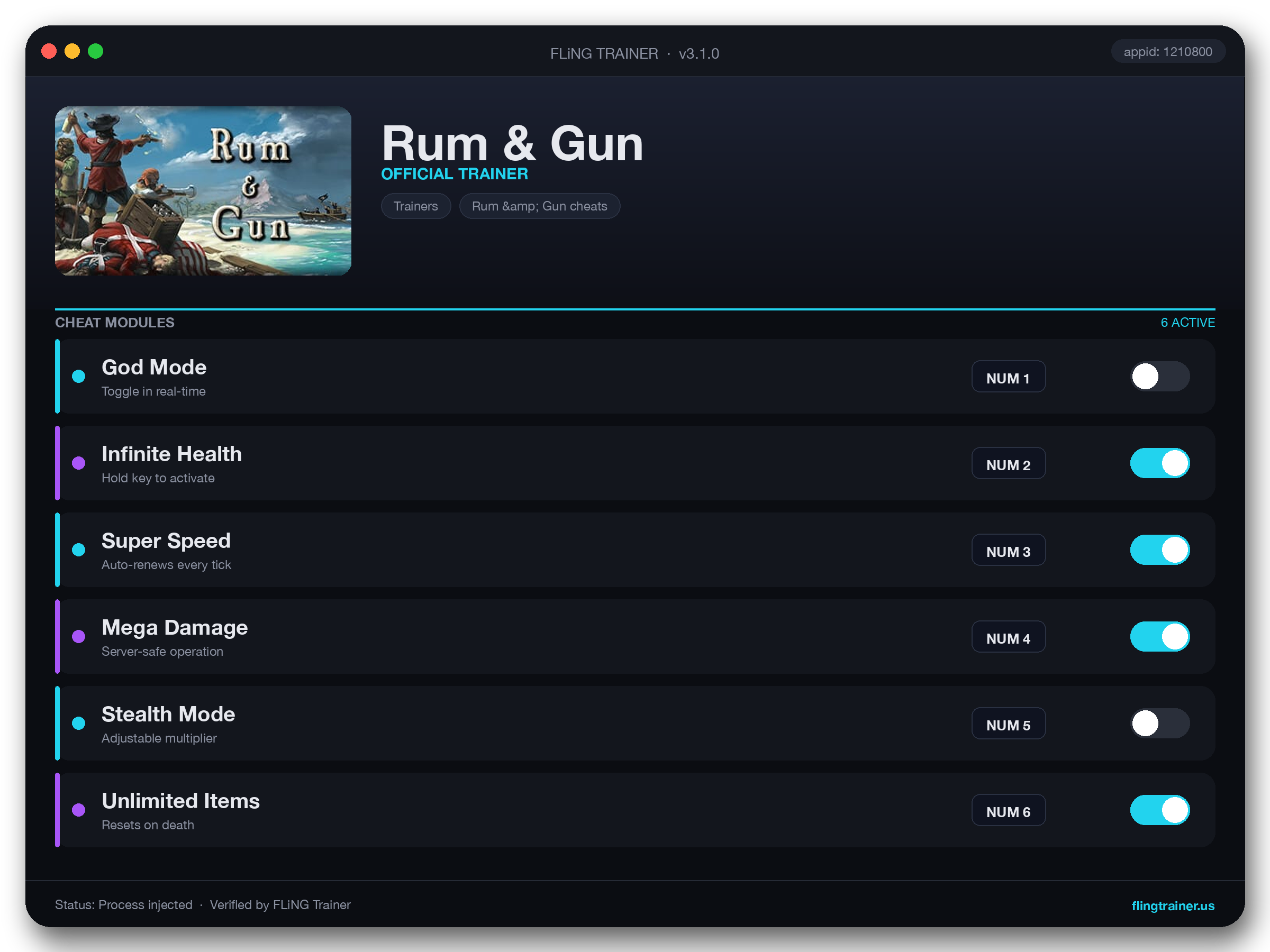 Rum & Gun Trainer interface