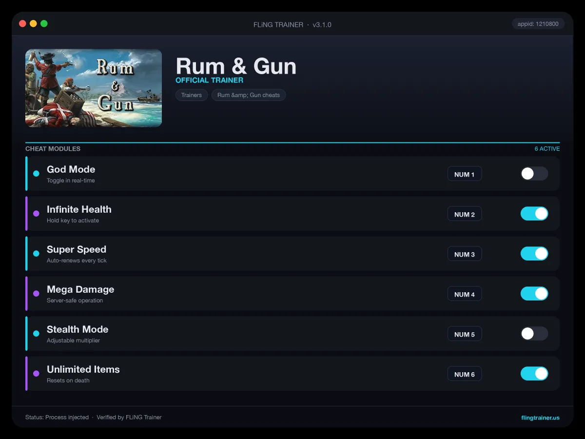 Rum & Gun Trainer interface