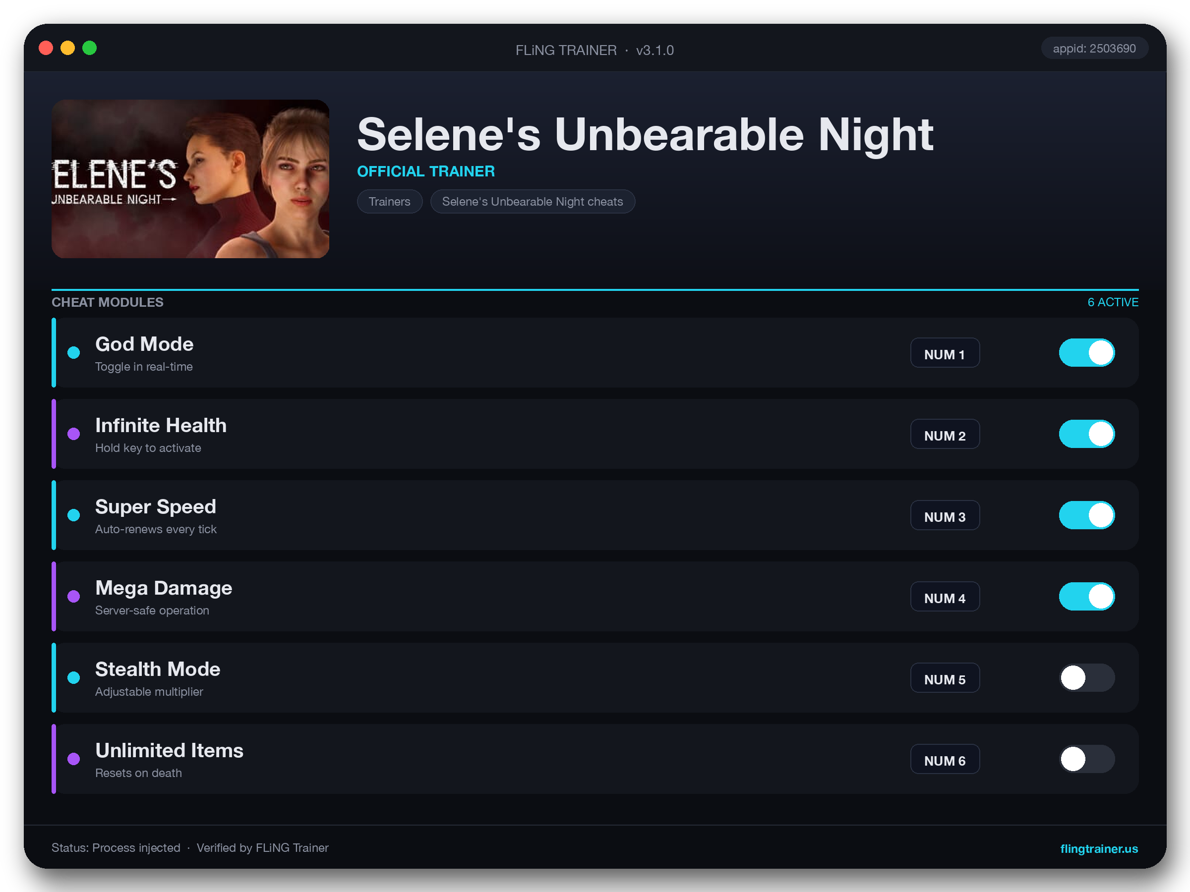Selene's Unbearable Night Trainer interface