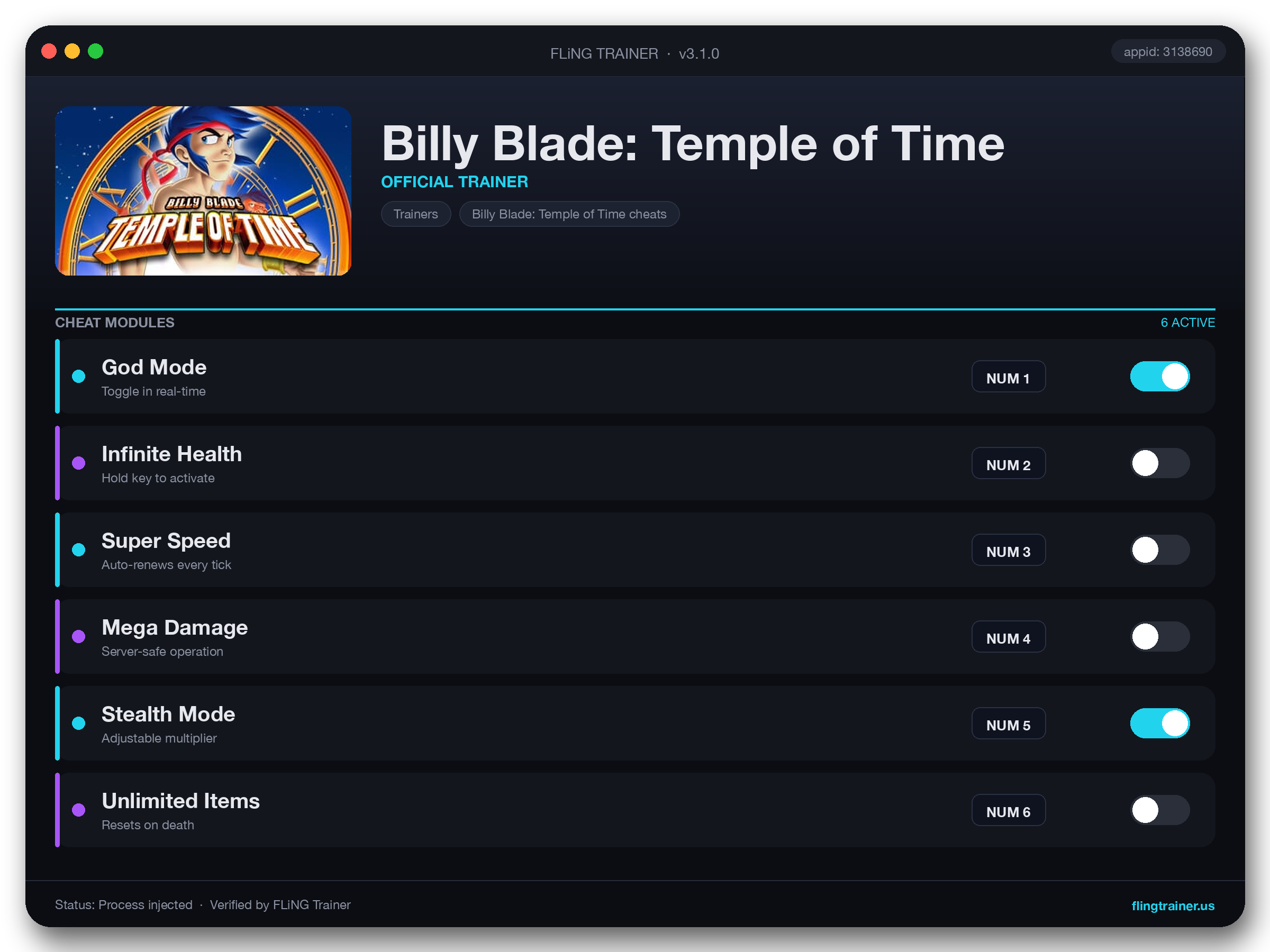 Billy Blade: Temple of Time Trainer interface
