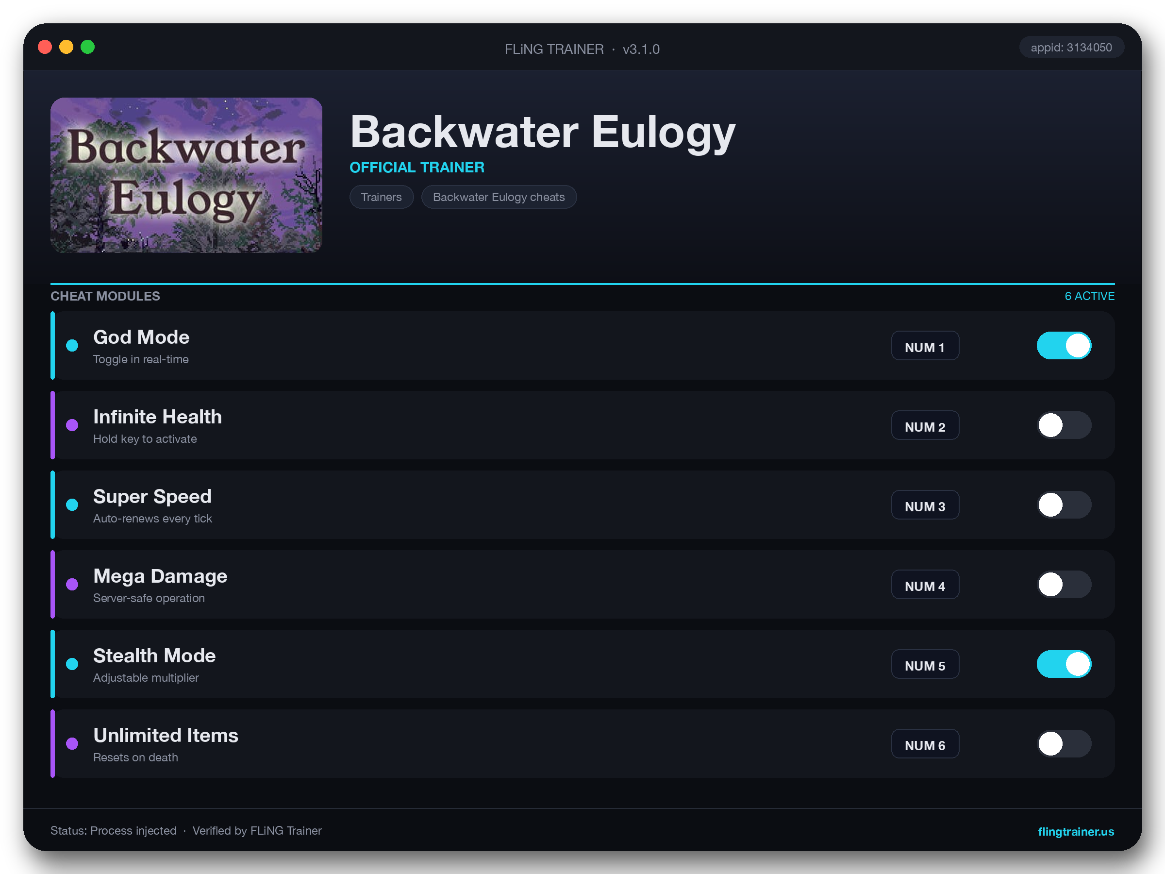 Backwater Eulogy Trainer interface