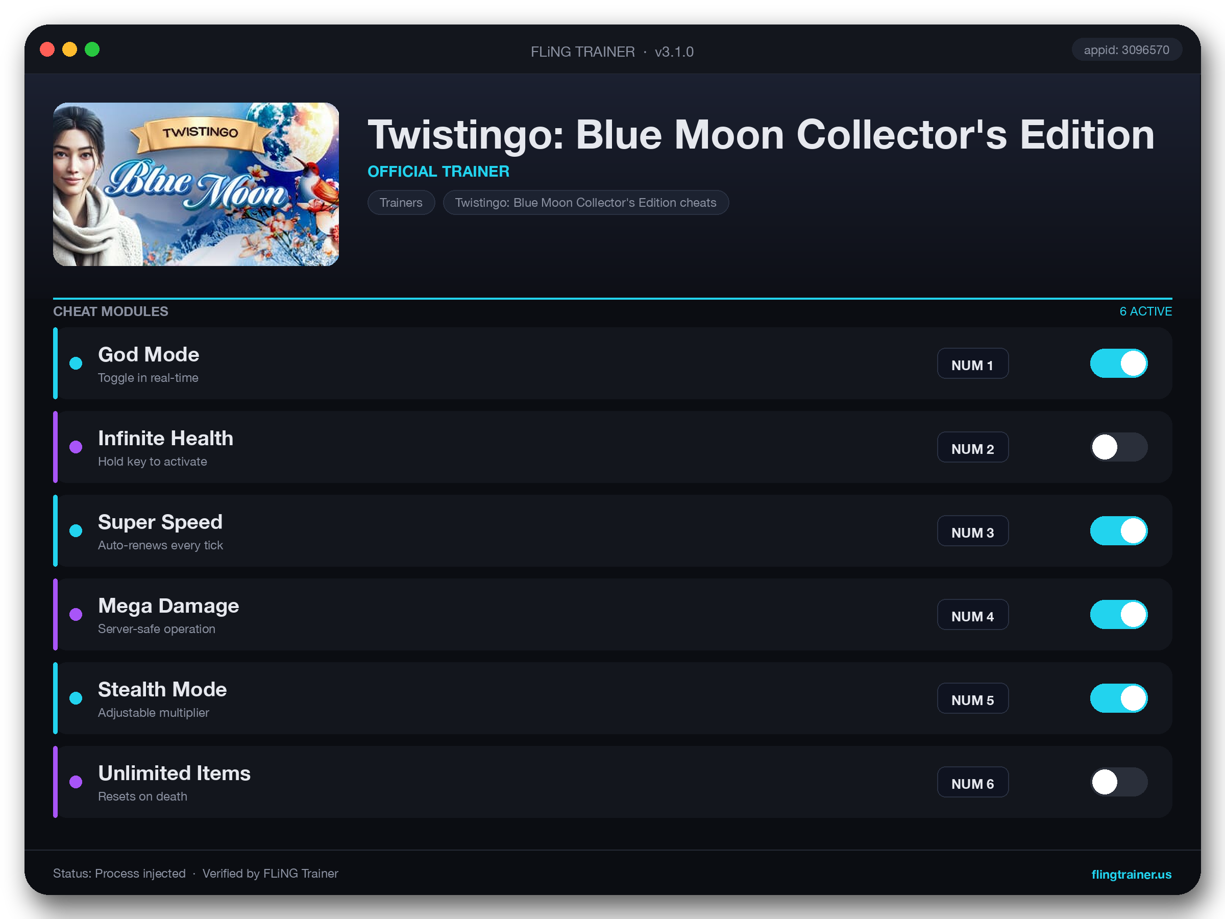 Twistingo: Blue Moon Collector's Edition Trainer interface