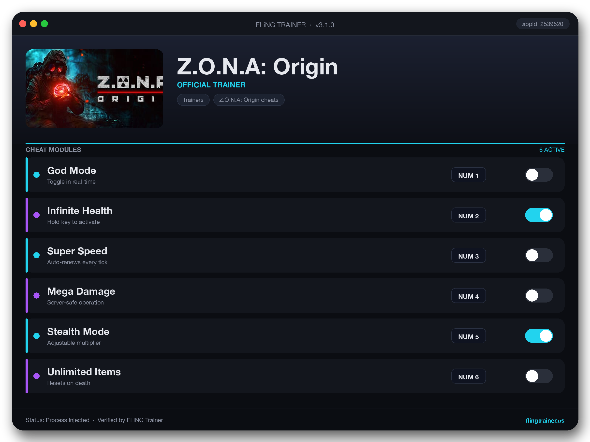 Z.O.N.A: Origin Trainer interface