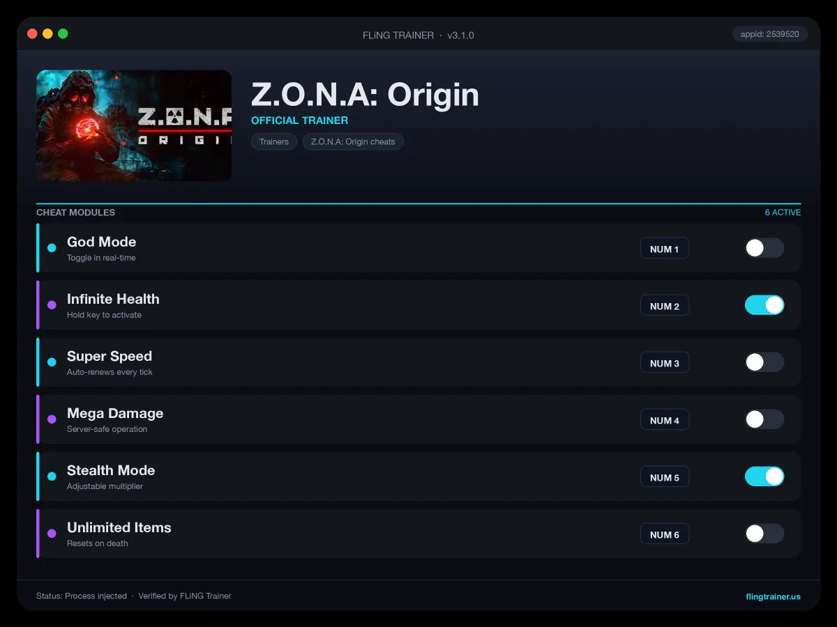 Z.O.N.A: Origin Trainer interface