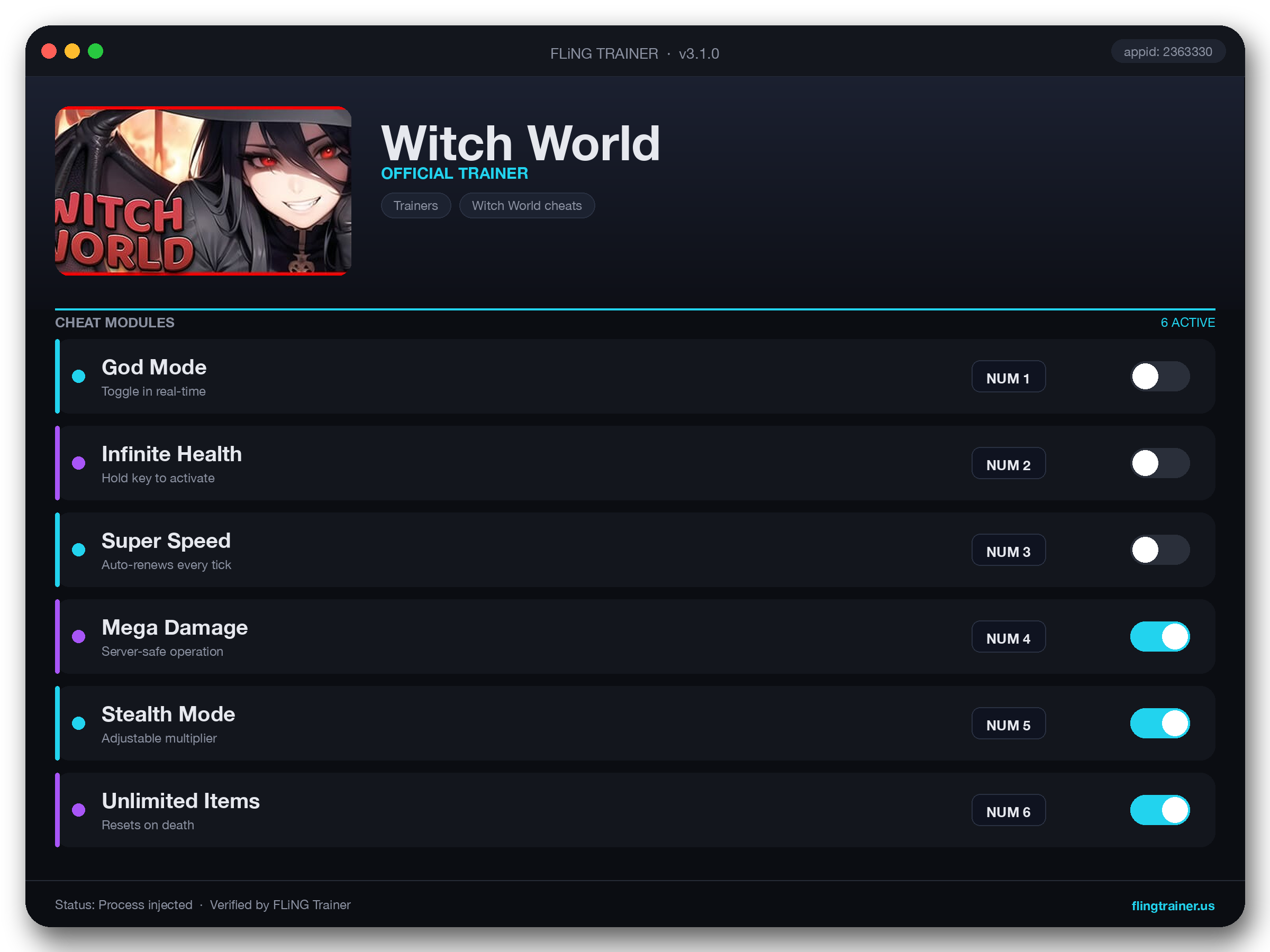 Witch World Trainer interface