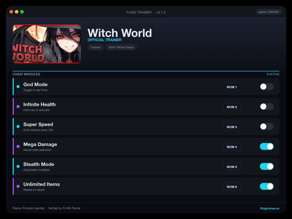 Witch World Trainer interface
