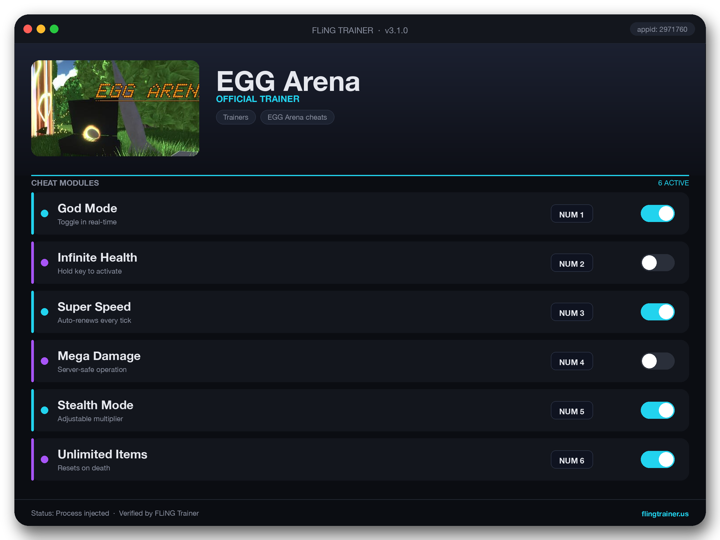 EGG Arena Trainer interface
