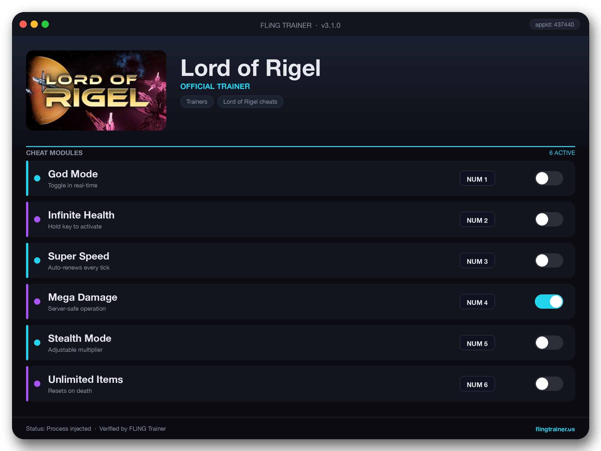 Lord of Rigel Trainer interface