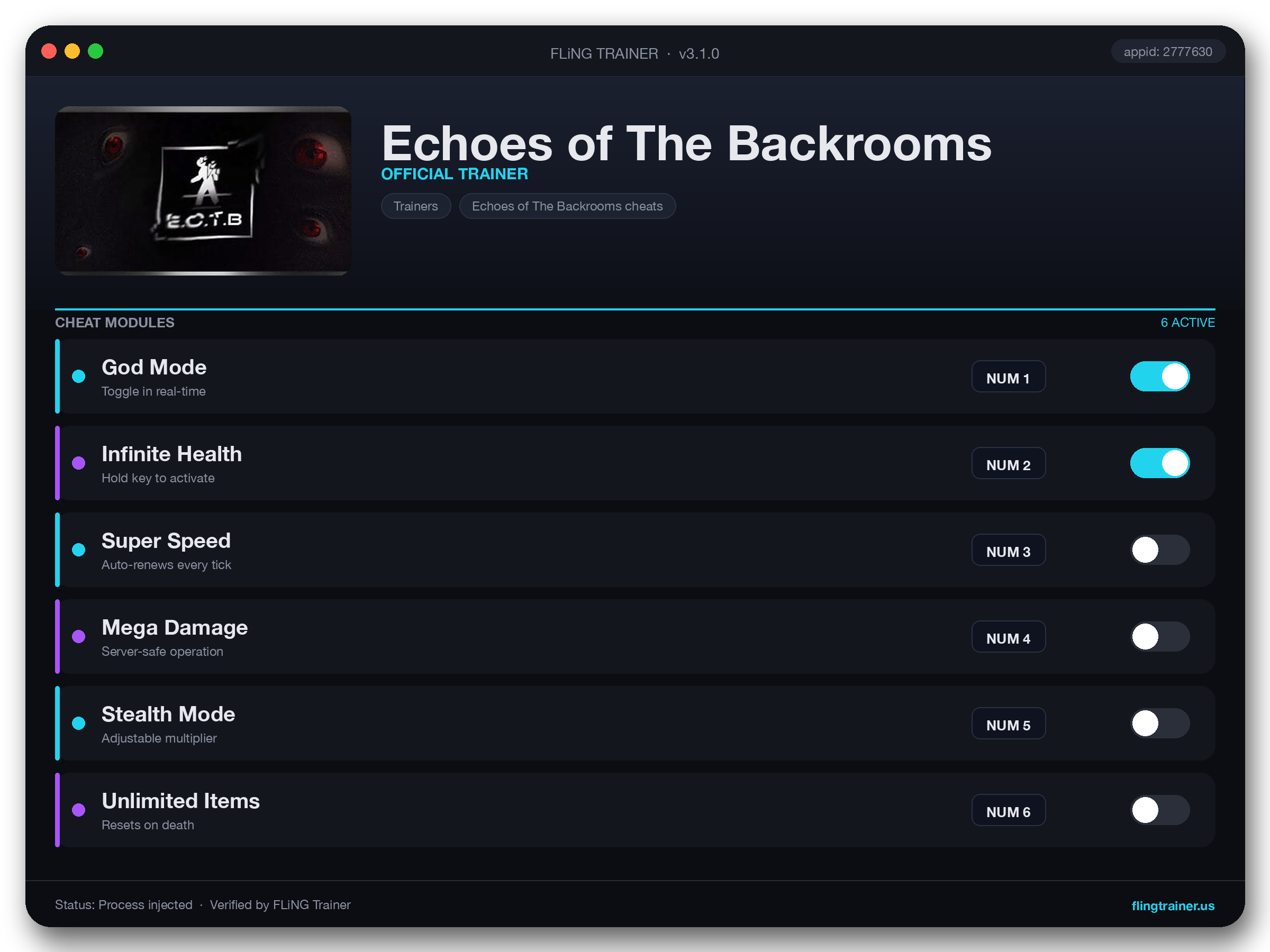 Echoes of The Backrooms Trainer interface