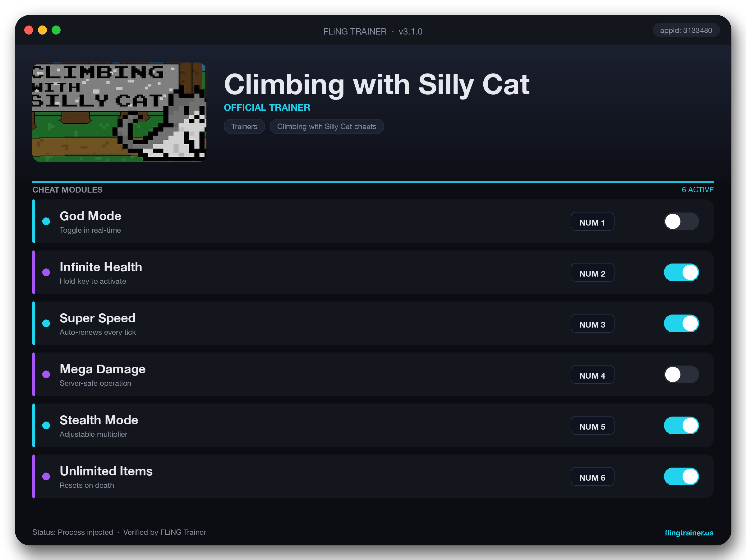 Climbing with Silly Cat Trainer interface