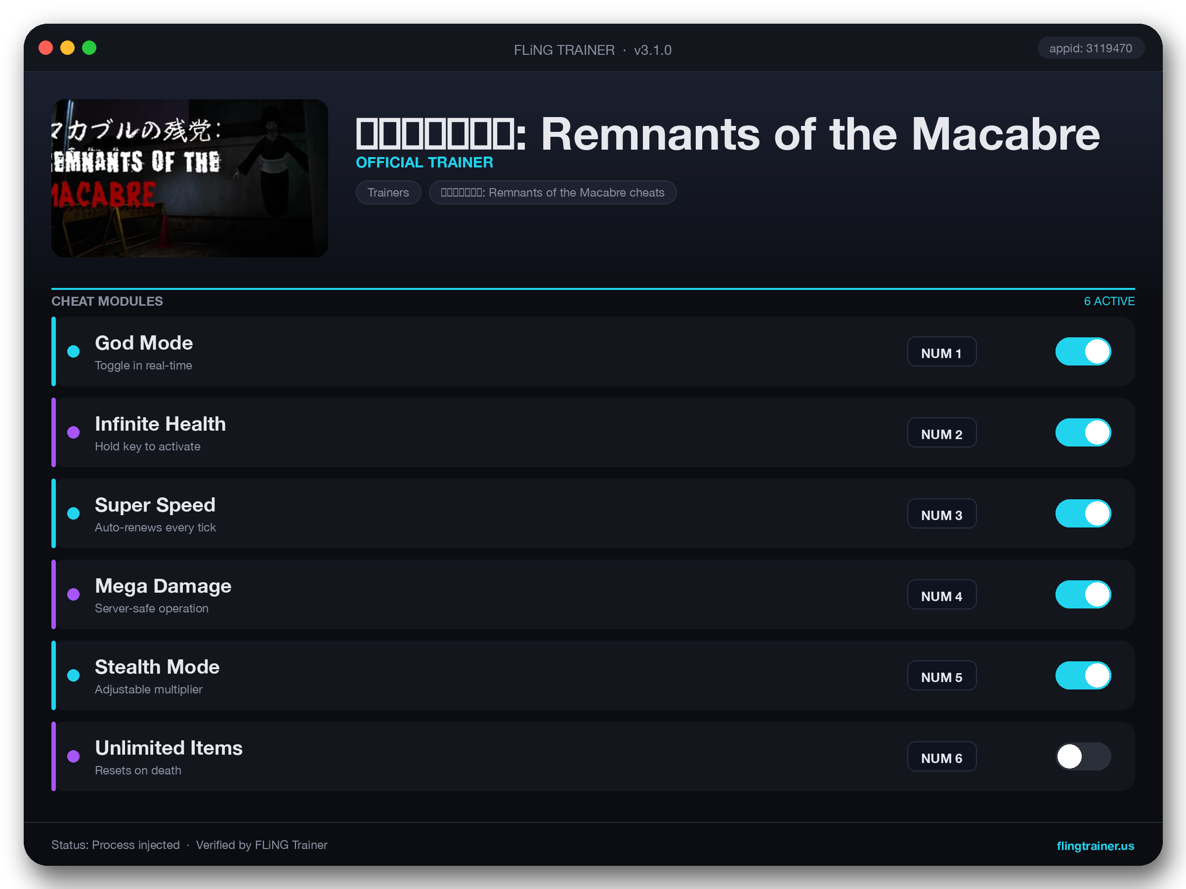 マカブルの残党: Remnants of the Macabre Trainer interface