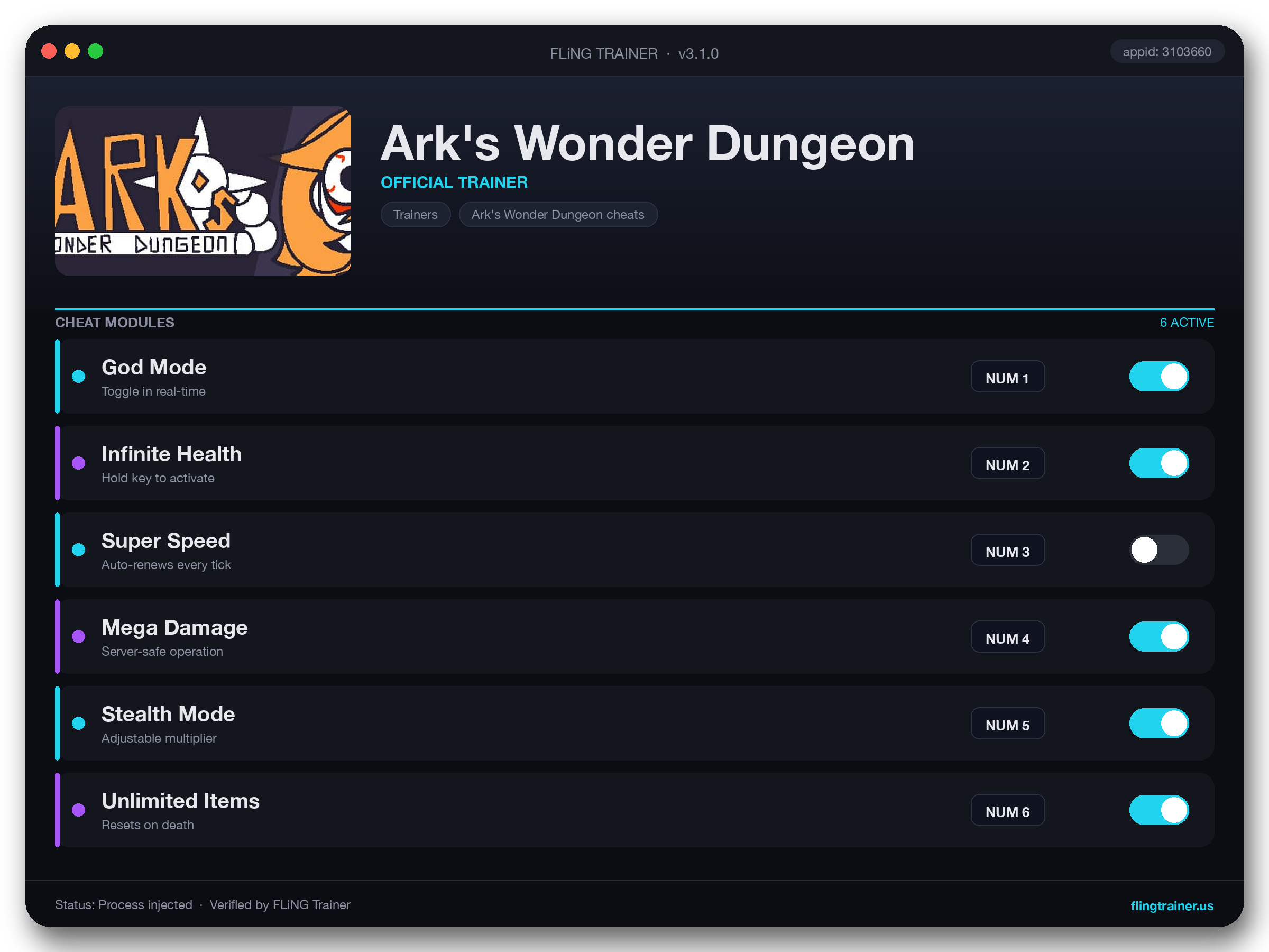 Ark's Wonder Dungeon Trainer interface
