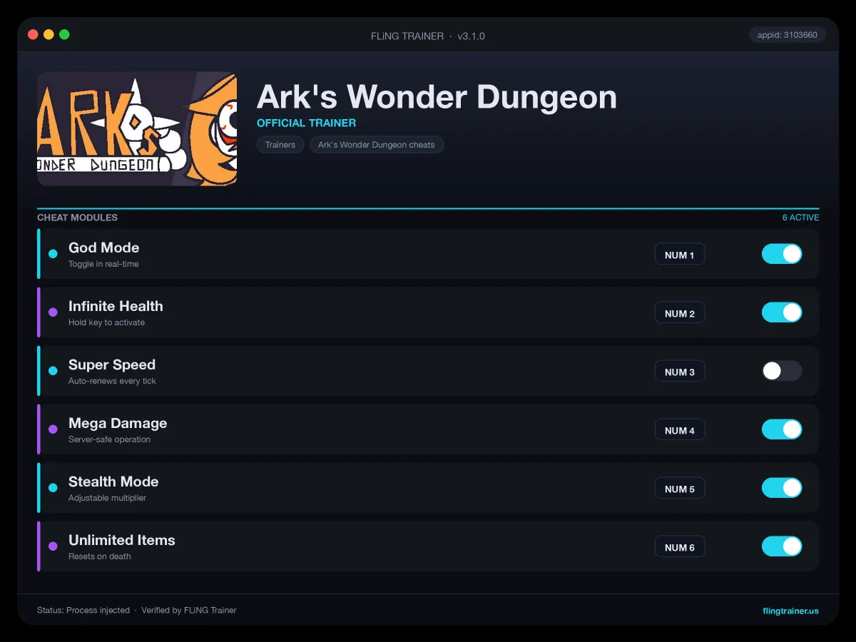 Ark's Wonder Dungeon Trainer interface