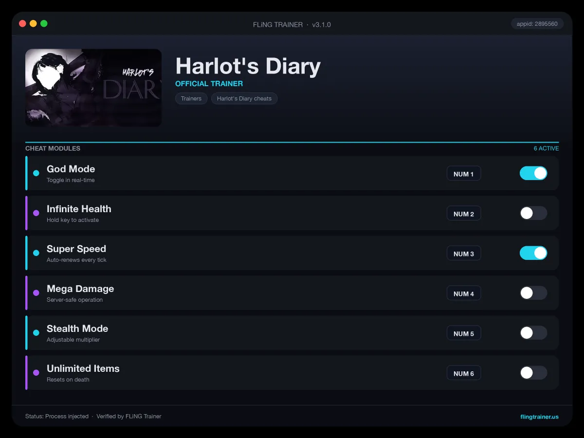 Harlot's Diary Trainer interface