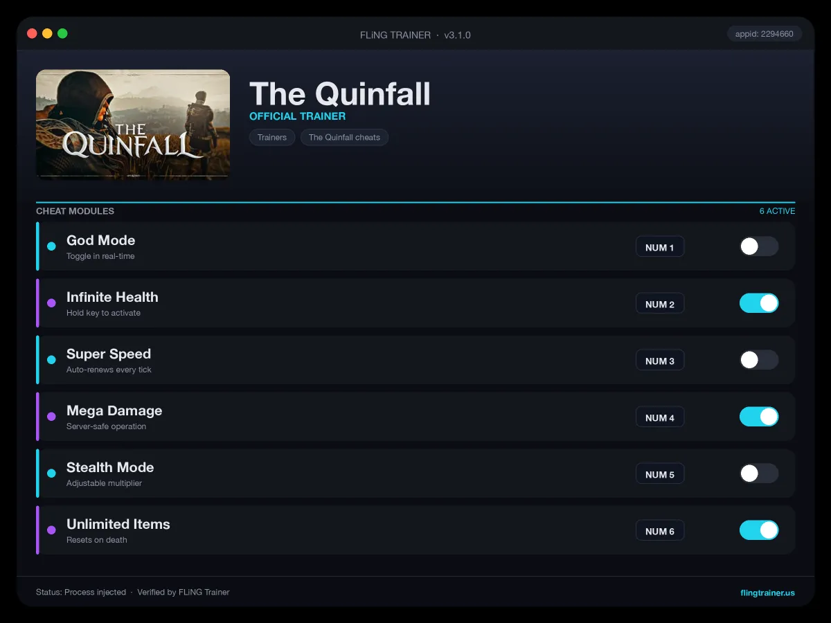 The Quinfall Trainer interface