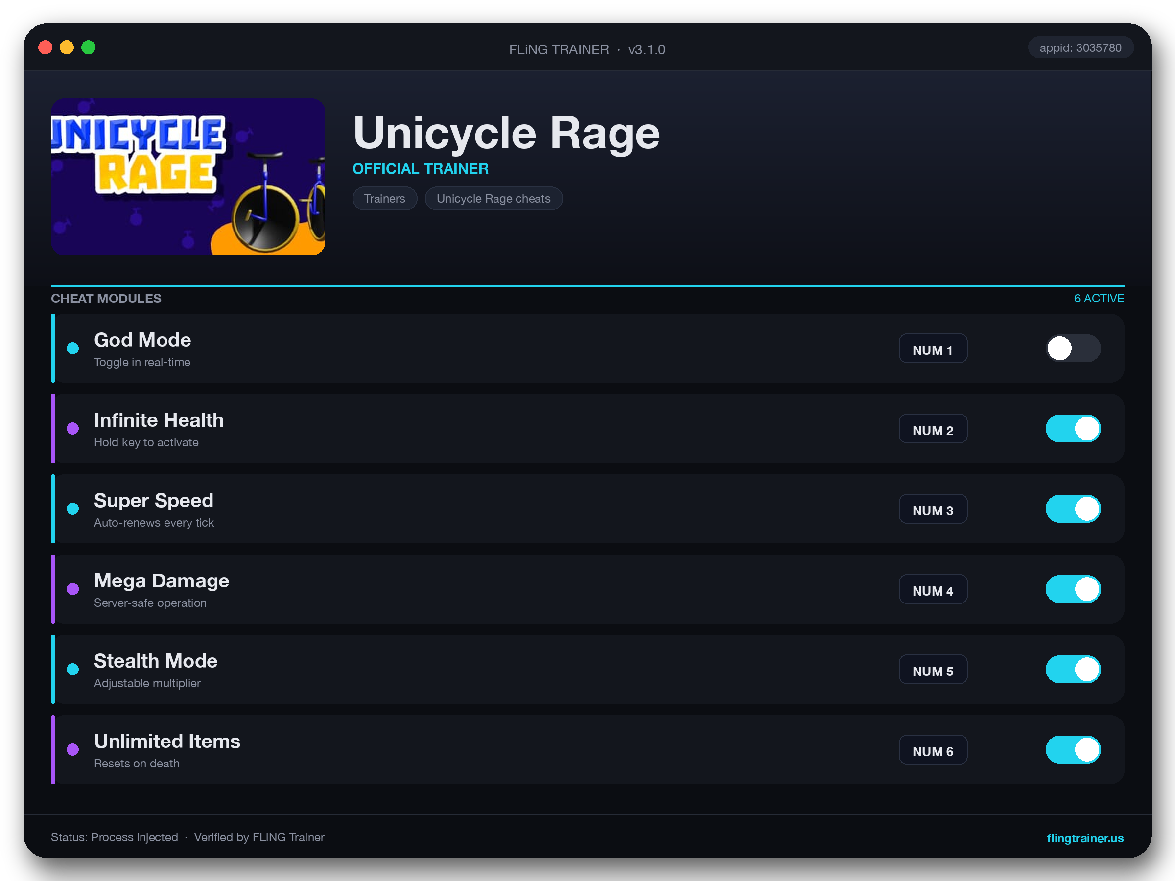 Unicycle Rage Trainer interface
