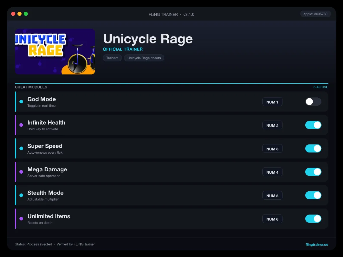 Unicycle Rage Trainer interface