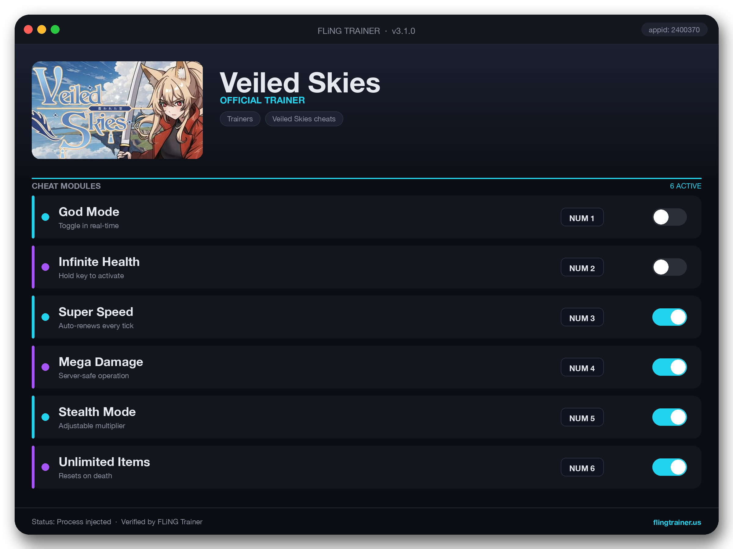 Veiled Skies Trainer interface
