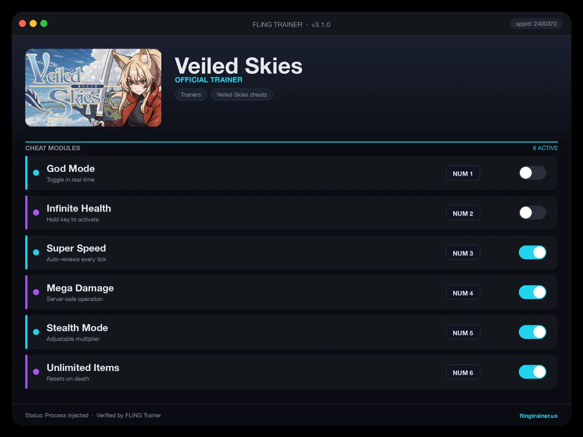 Veiled Skies Trainer interface