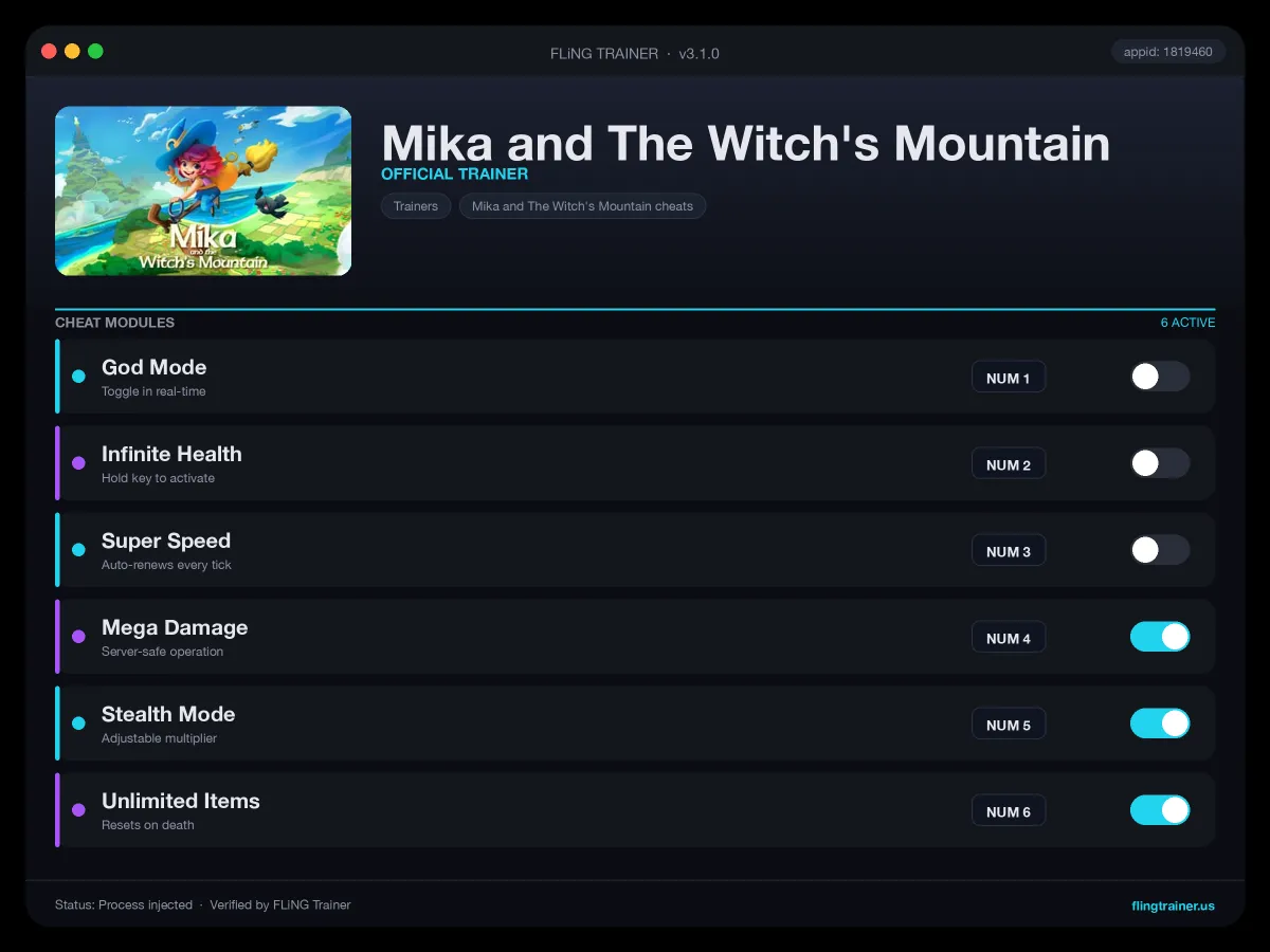 Mika and The Witch's Mountain Trainer interface