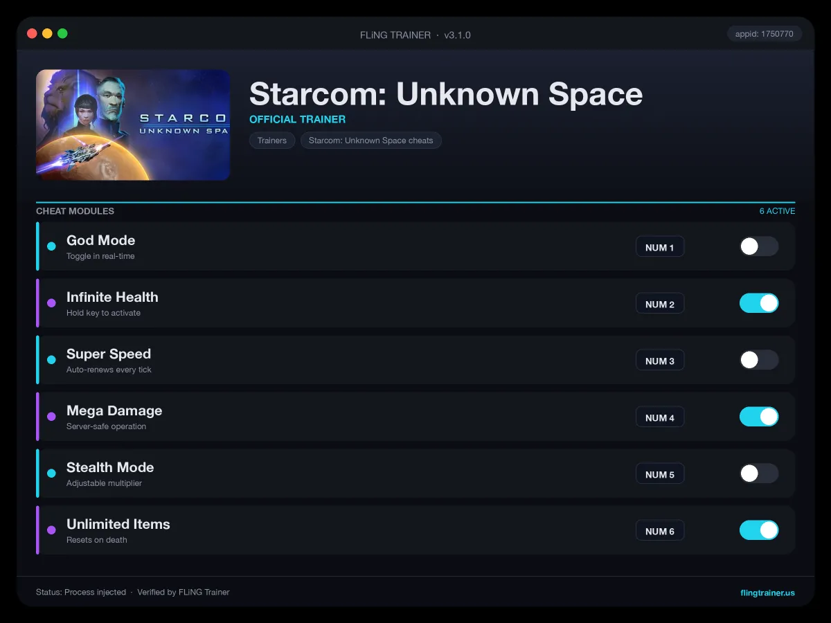Starcom: Unknown Space Trainer interface