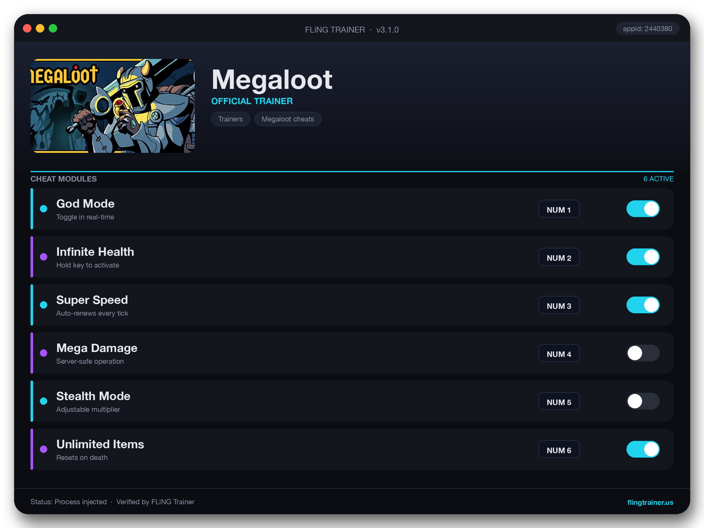 Megaloot Trainer interface