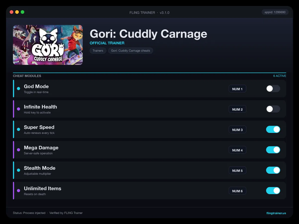 Gori: Cuddly Carnage Trainer interface