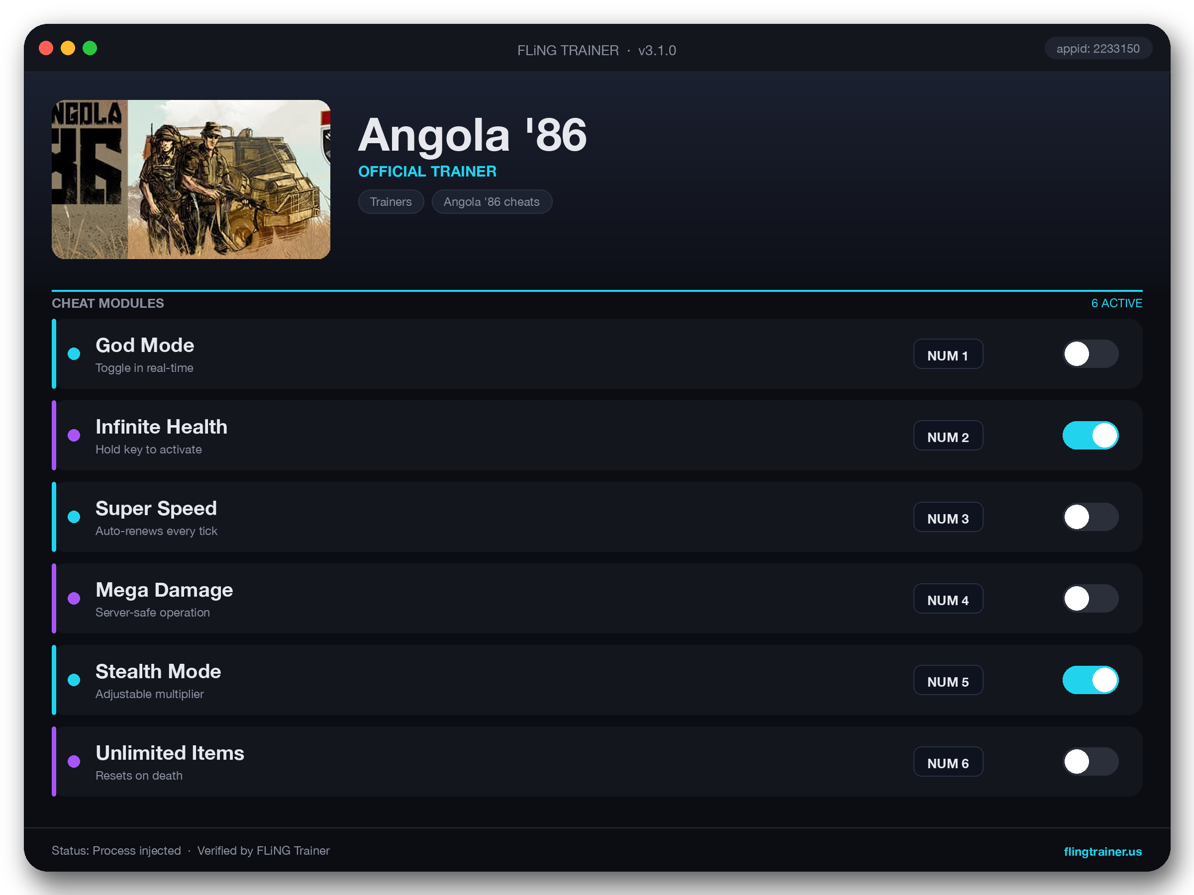 Angola '86 Trainer interface