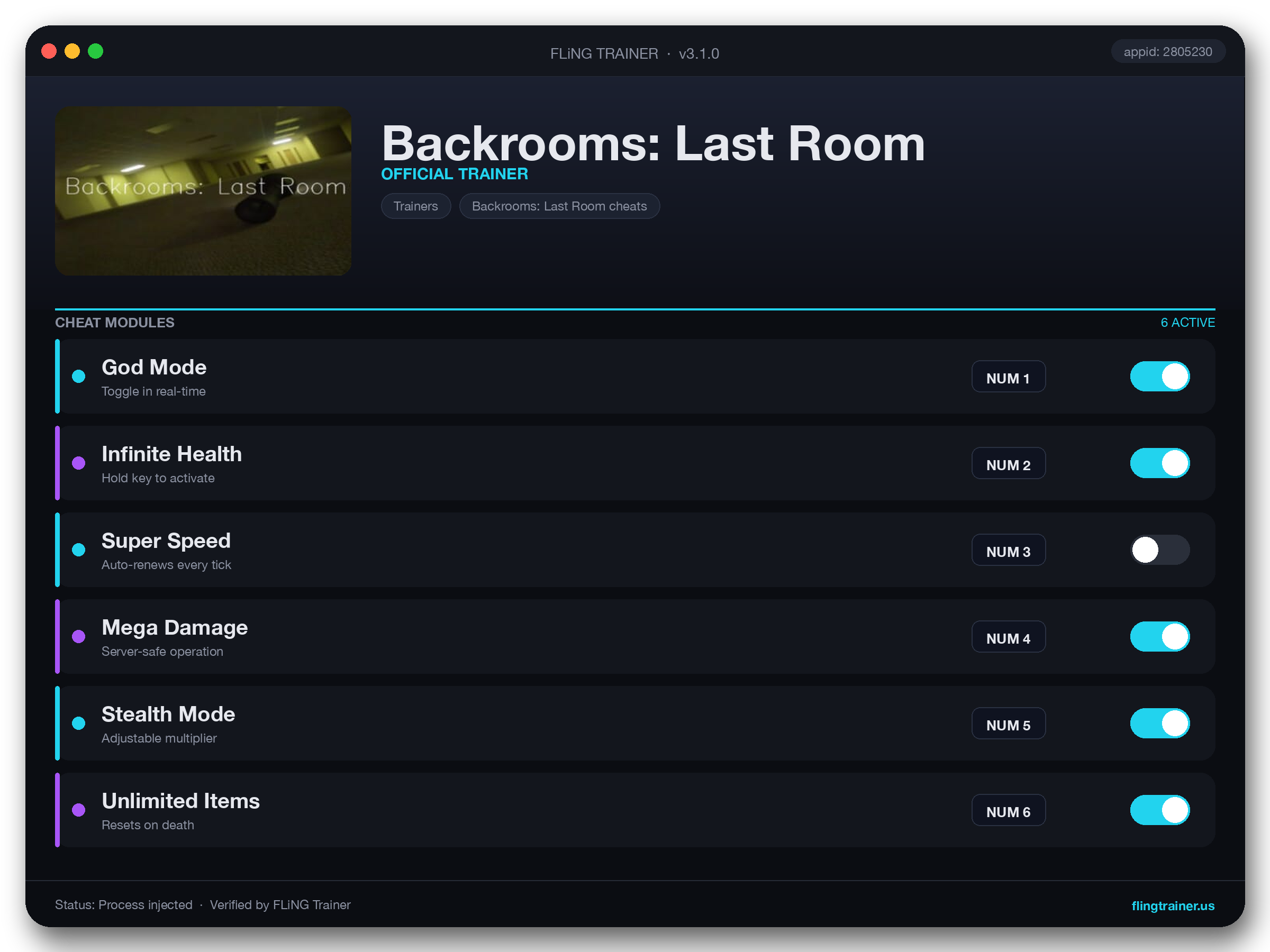 Backrooms: Last Room Trainer interface