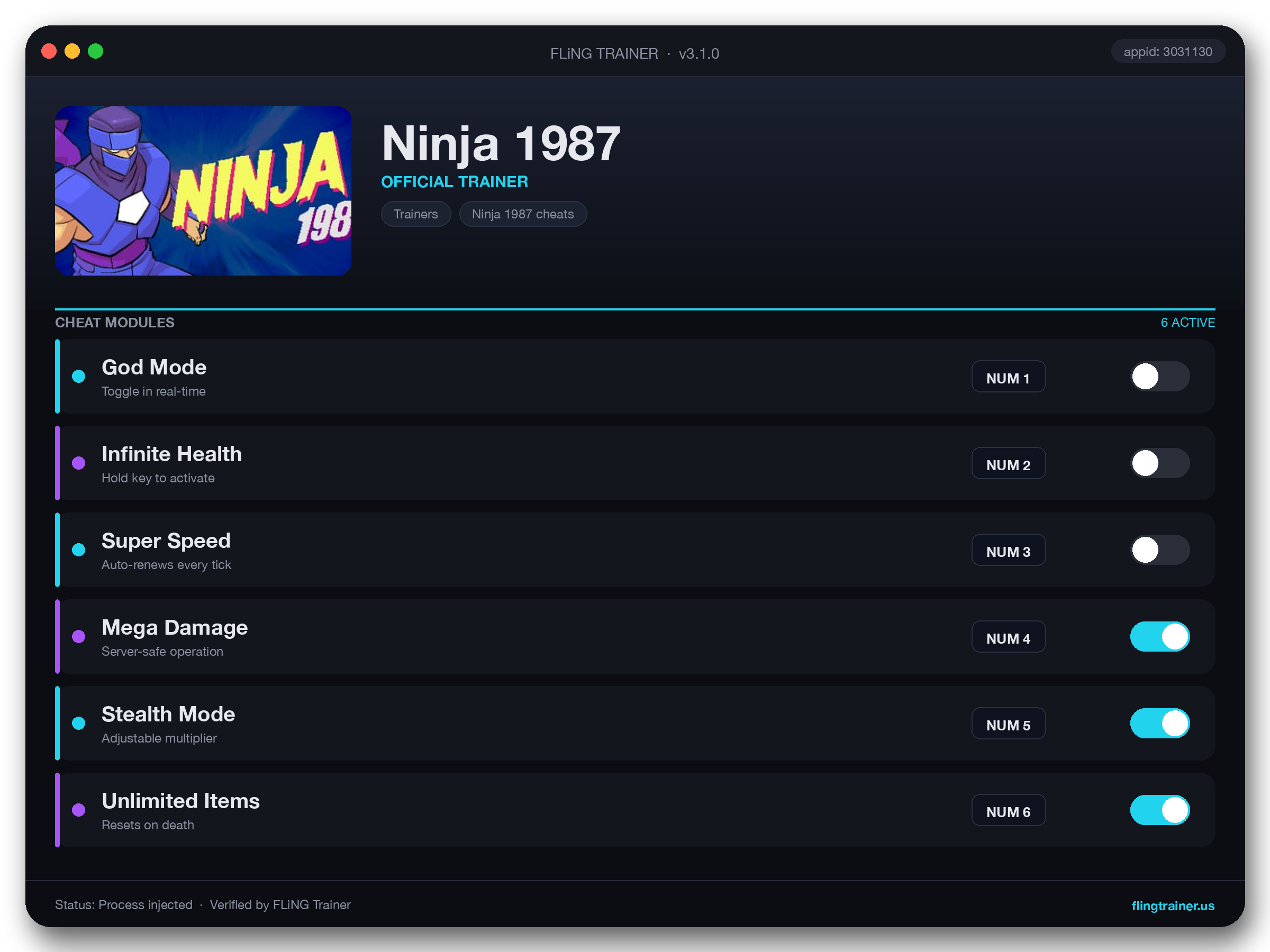 Ninja 1987 Trainer interface